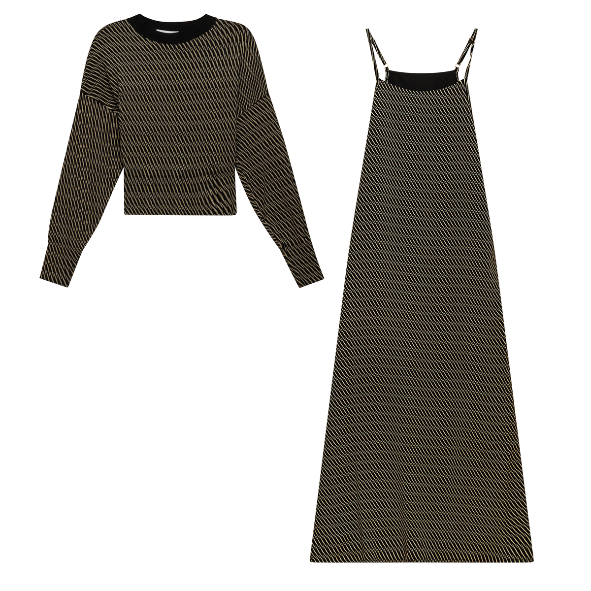 Printed Midi Jumper Set with Sweater in Black Cream by Birt UK