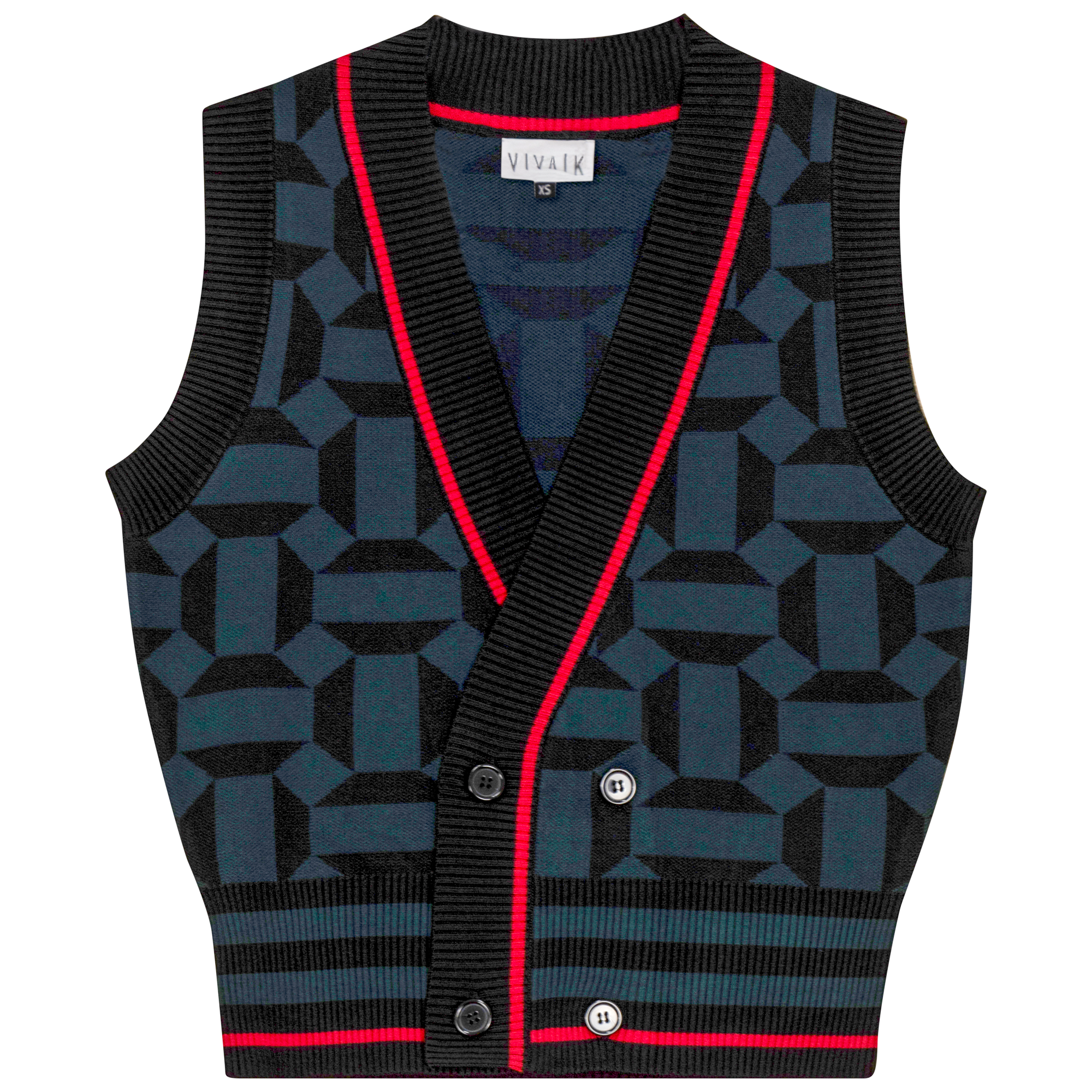 Printed Knit Cardigan Vest in Black Deep Teal by Viva K