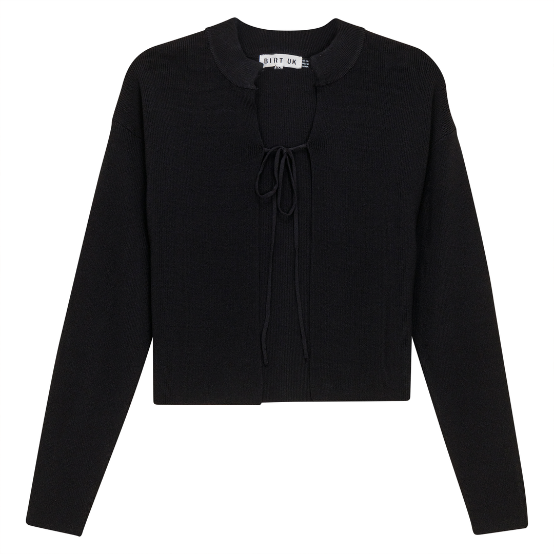 Rib Knit Cropped Tie Bolero Black Ladies Cardigan by {{ product_vemdor}}