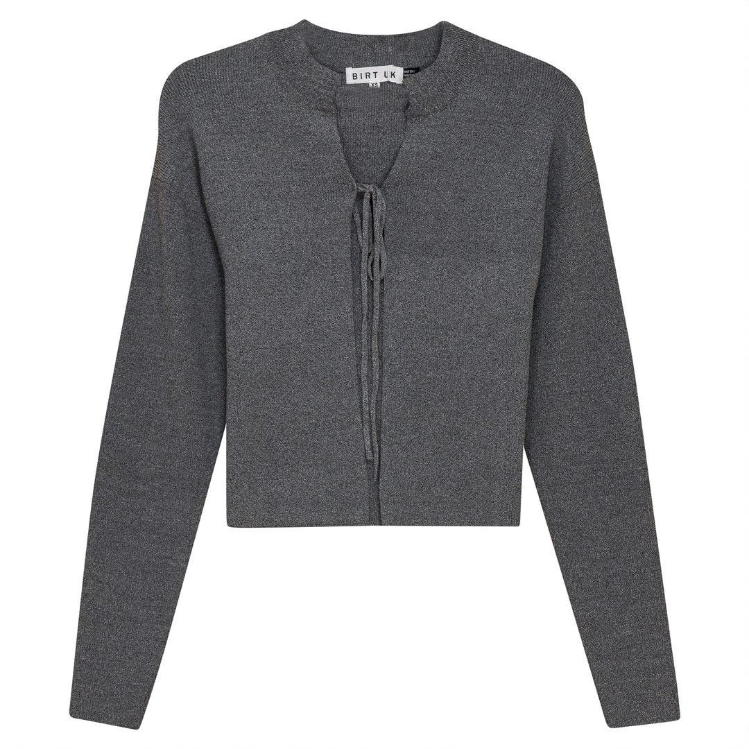 Rib Knit Cropped Tie Bolero Dark Grey Mix Ladies Cardigan by {{ product_vemdor}}