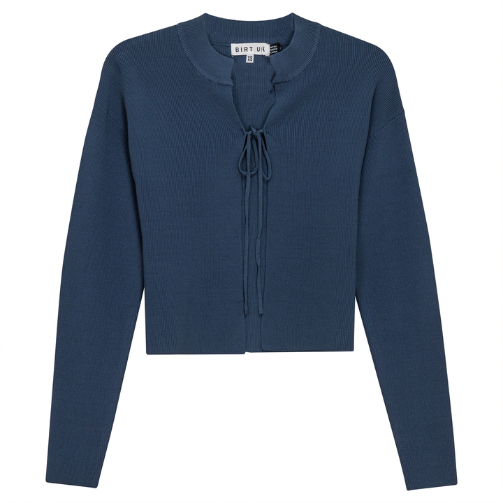 Rib Knit Cropped Tie Bolero Steel Blue Ladies Cardigan by {{ product_vemdor}}