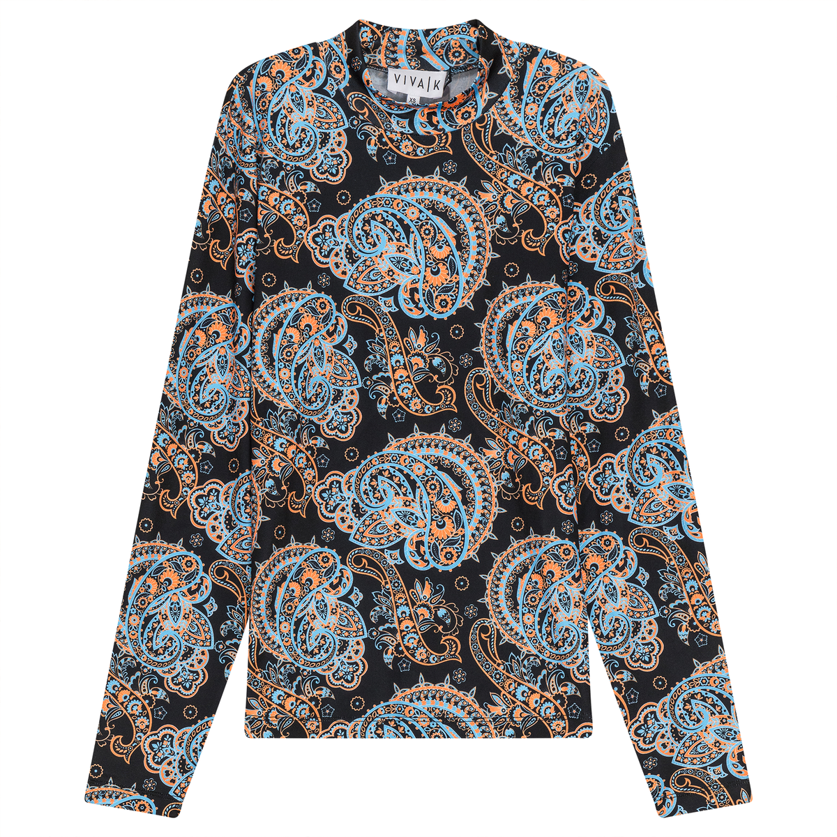 Printed Ity Mock Neck Top in Black Paisley by Viva K