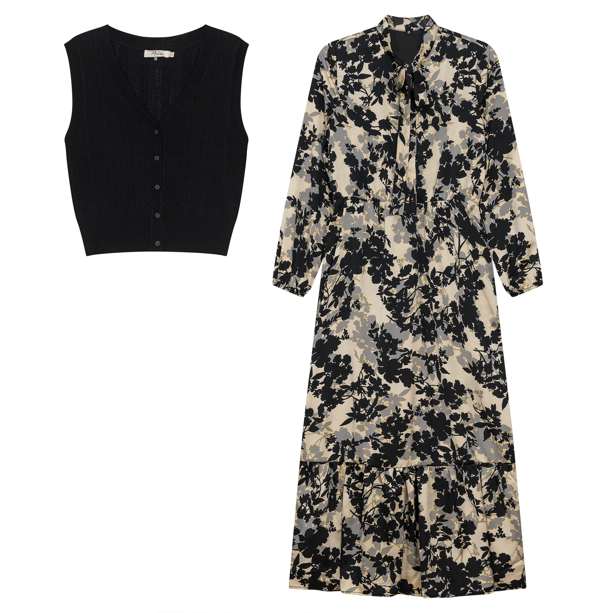 Printed Chiffon Tiered Dress With Crochet Knit Vest in Black Floral by Club Malibu