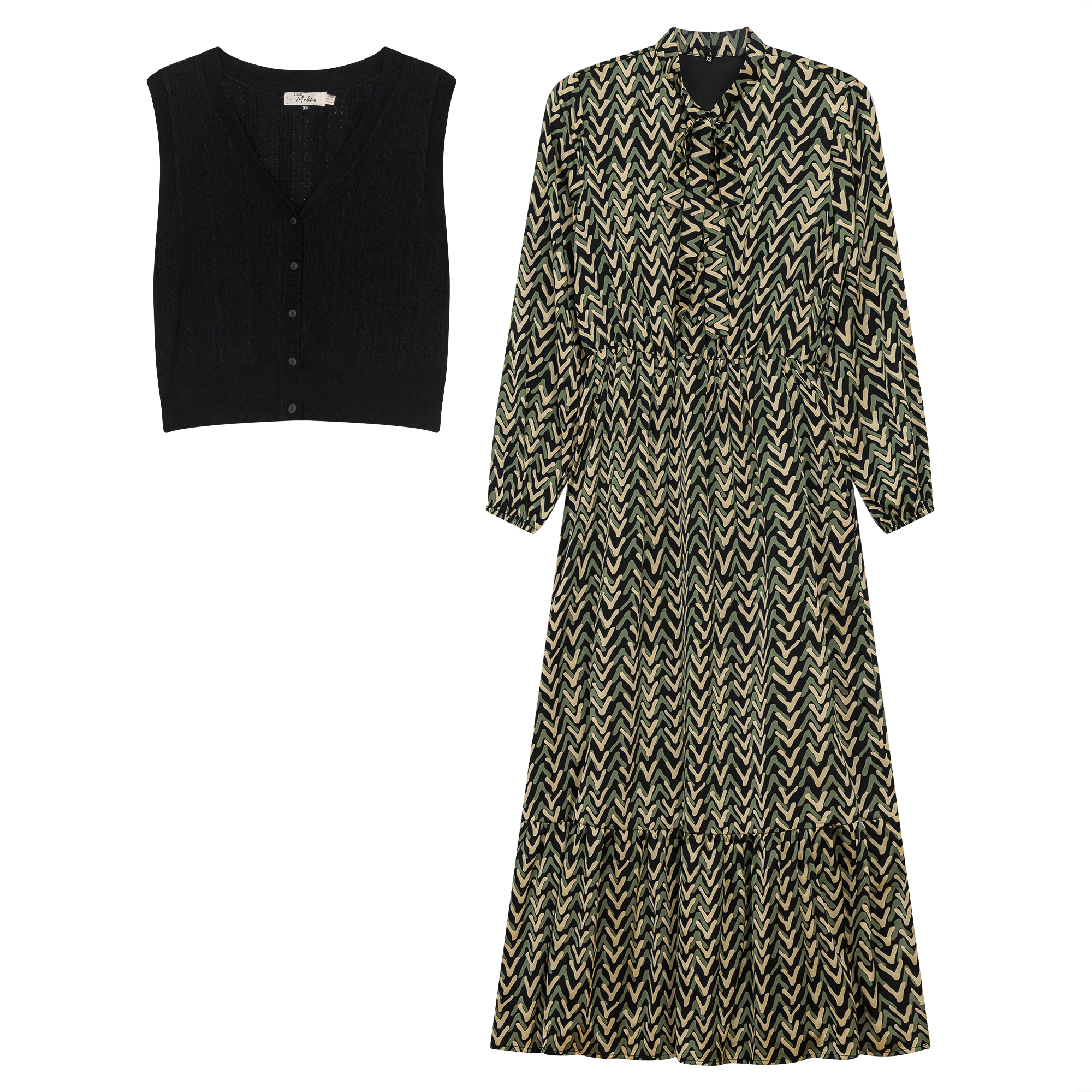 Printed Chiffon Tiered Dress With Crochet Knit Vest in Black Missoni by Club Malibu