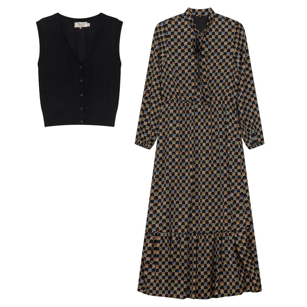 Printed Chiffon Tiered Dress With Crochet Knit Vest in Black Ornaments by Club Malibu