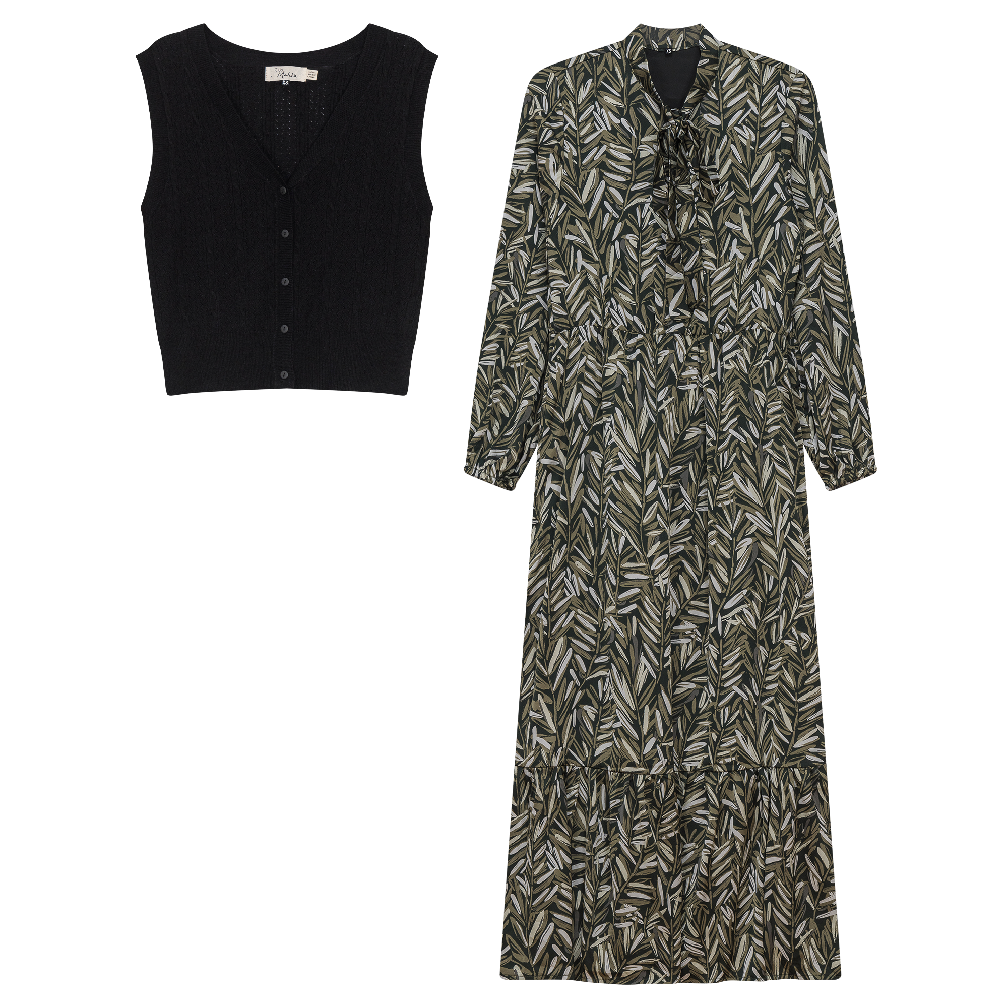 Printed Chiffon Tiered Dress With Crochet Knit Vest in Taupe Leaves by Club Malibu