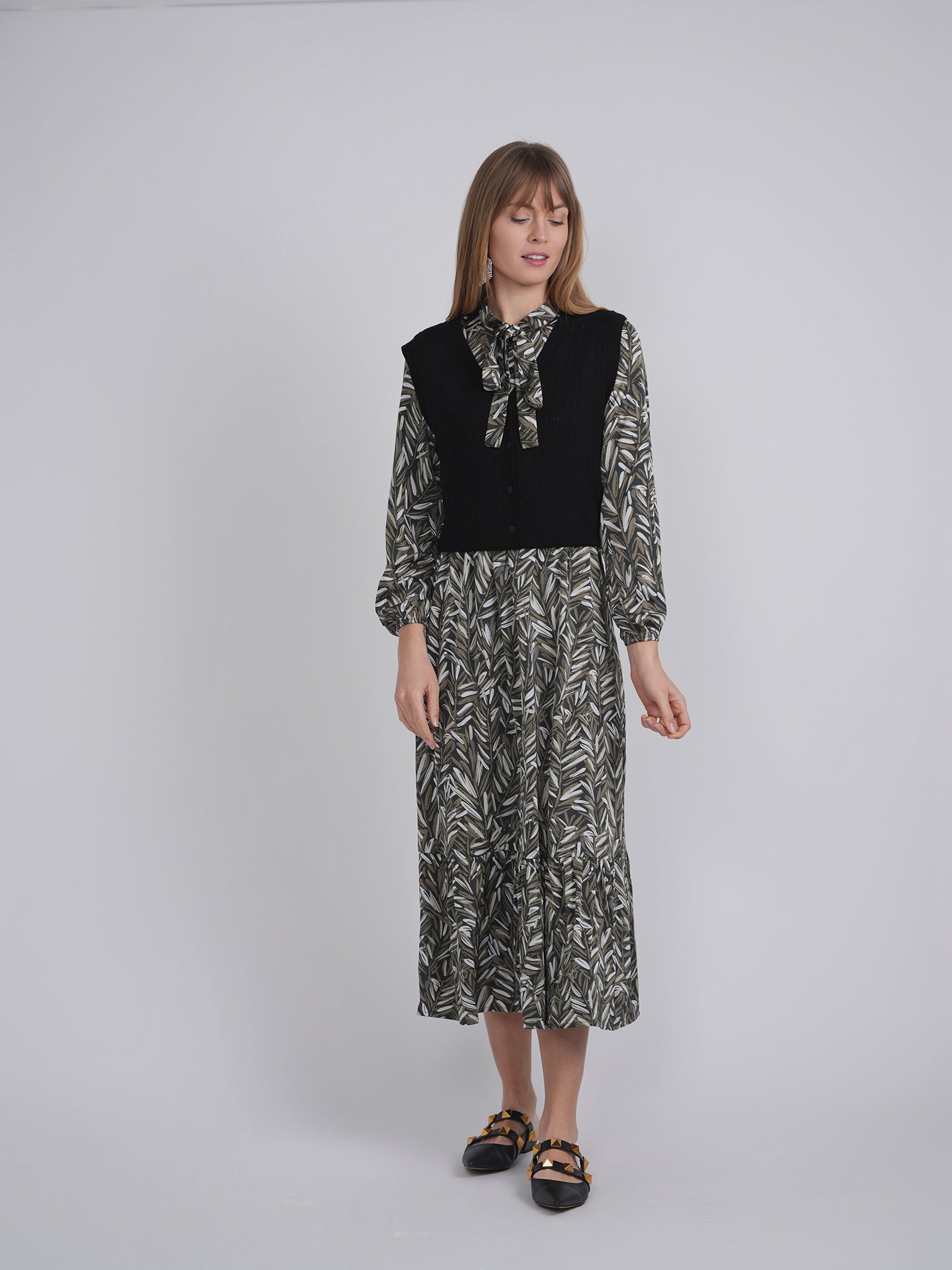 Printed Chiffon Tiered Dress With Crochet Knit Vest in by Club Malibu