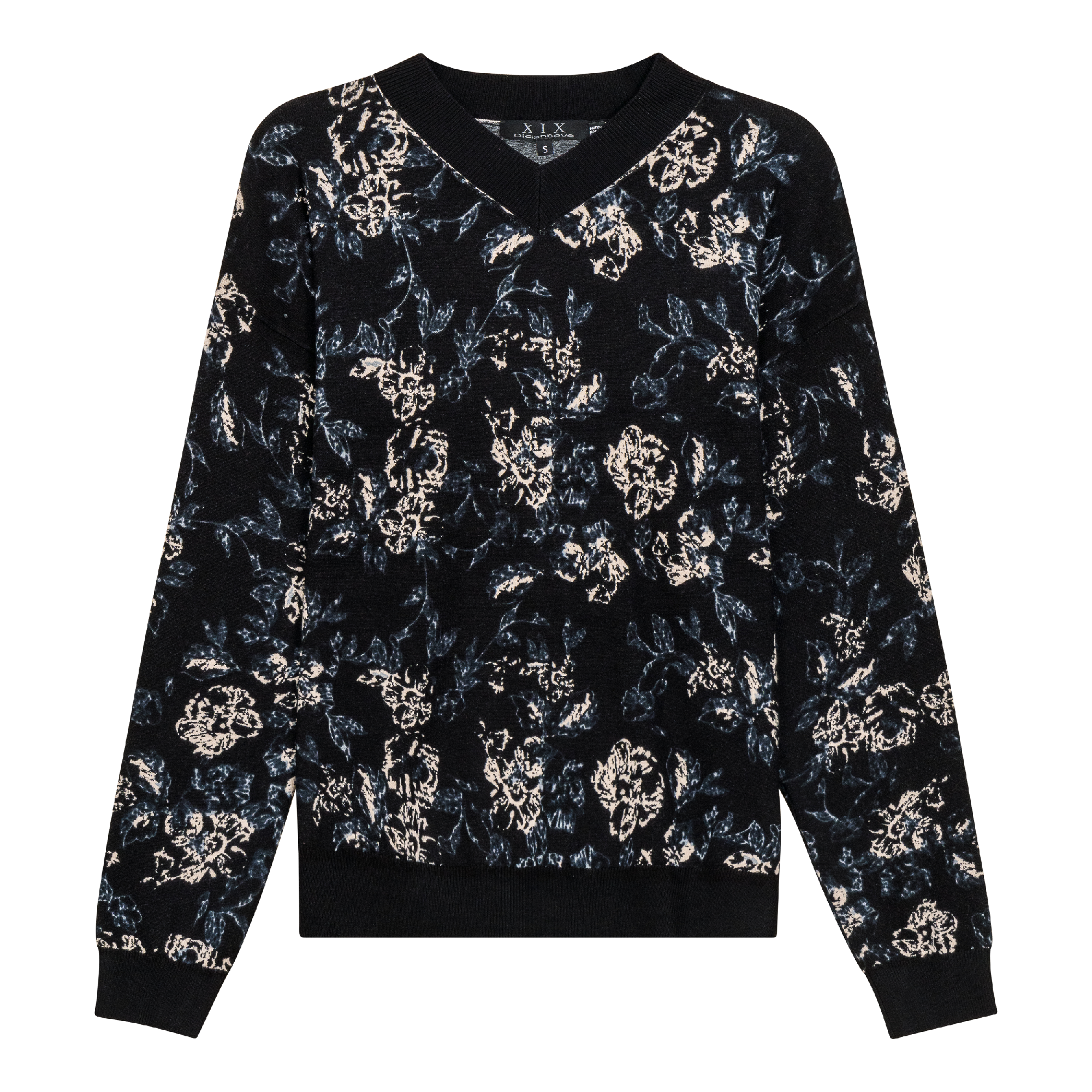 V Neck Floral Knit Sweater in Black by Diciannove