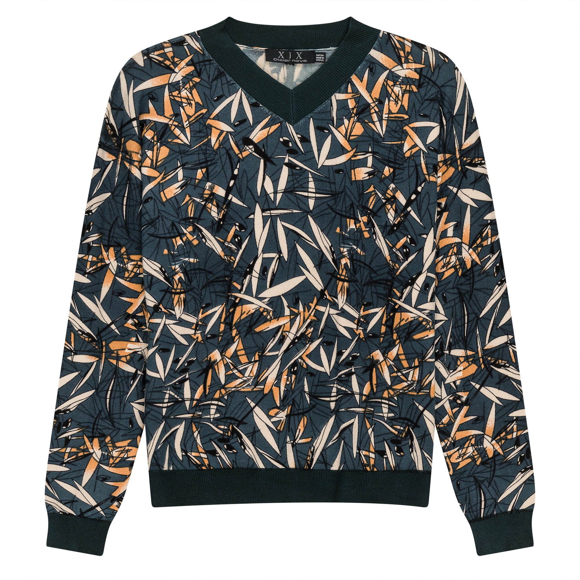 V Neck Floral Knit Sweater in Teal Copper by Diciannove