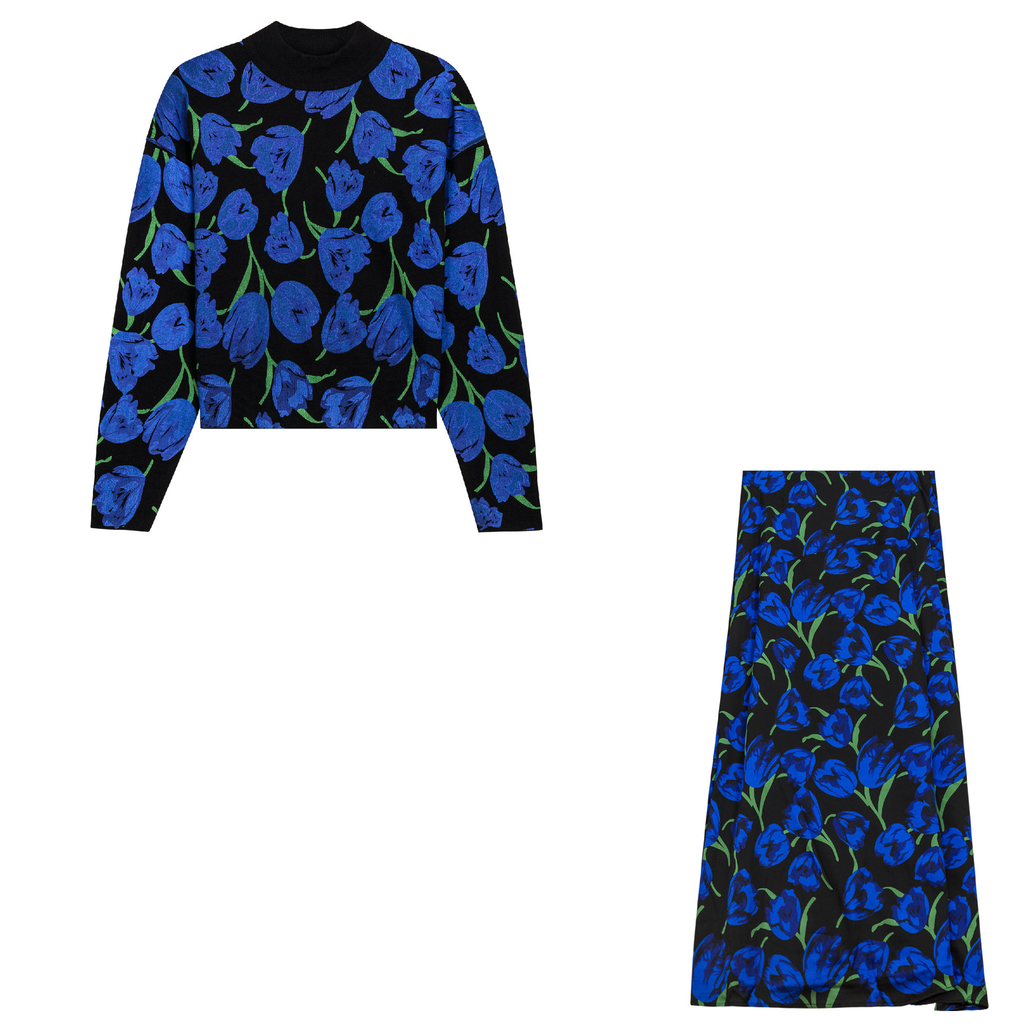 Printed Satin Maxi Skirt With Printed Mock Neck Sweater in Black Royal by Diciannove