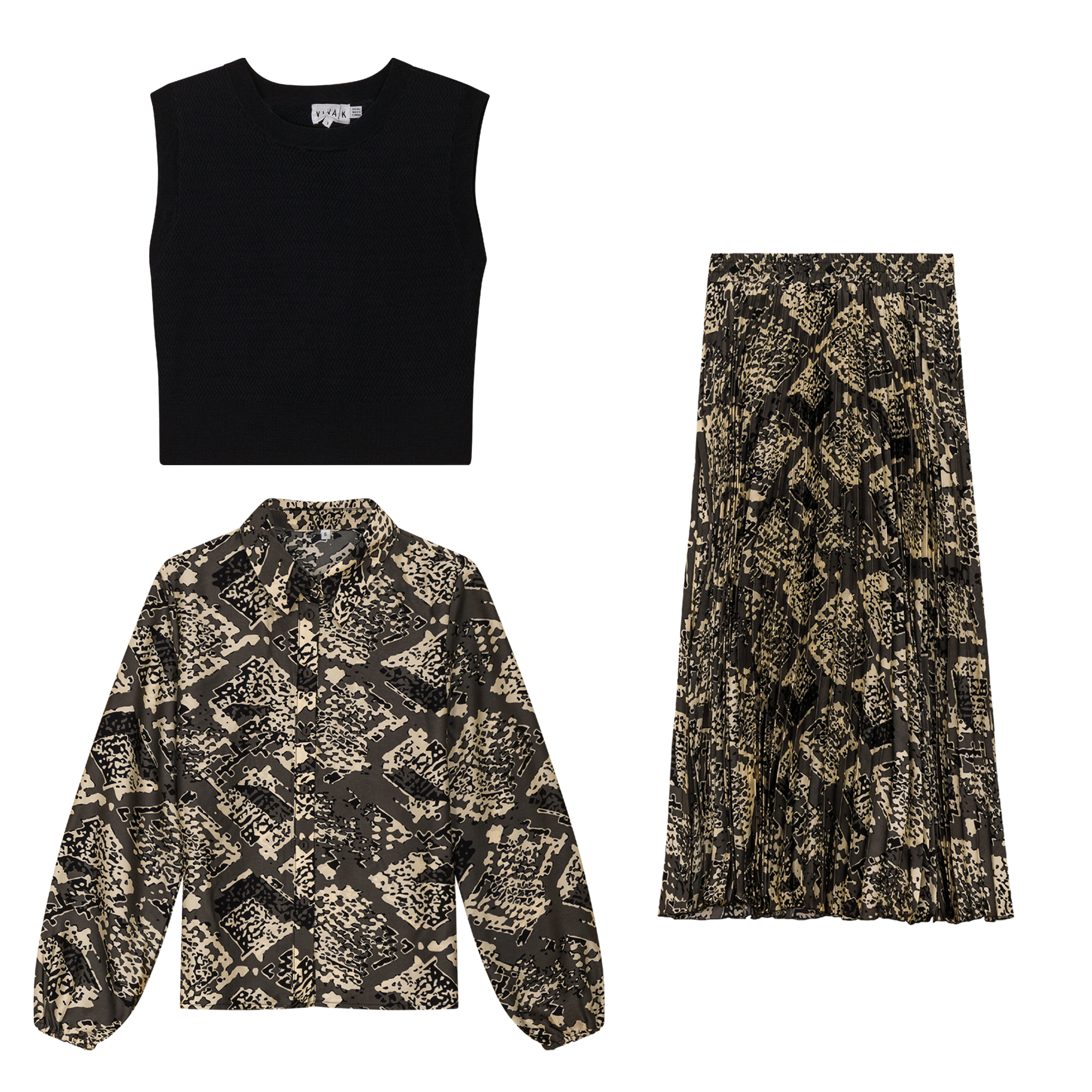 Printed Satin Midi Accordian Pleated Skirt Set With Cropped Knit Vest in Ash by Viva K