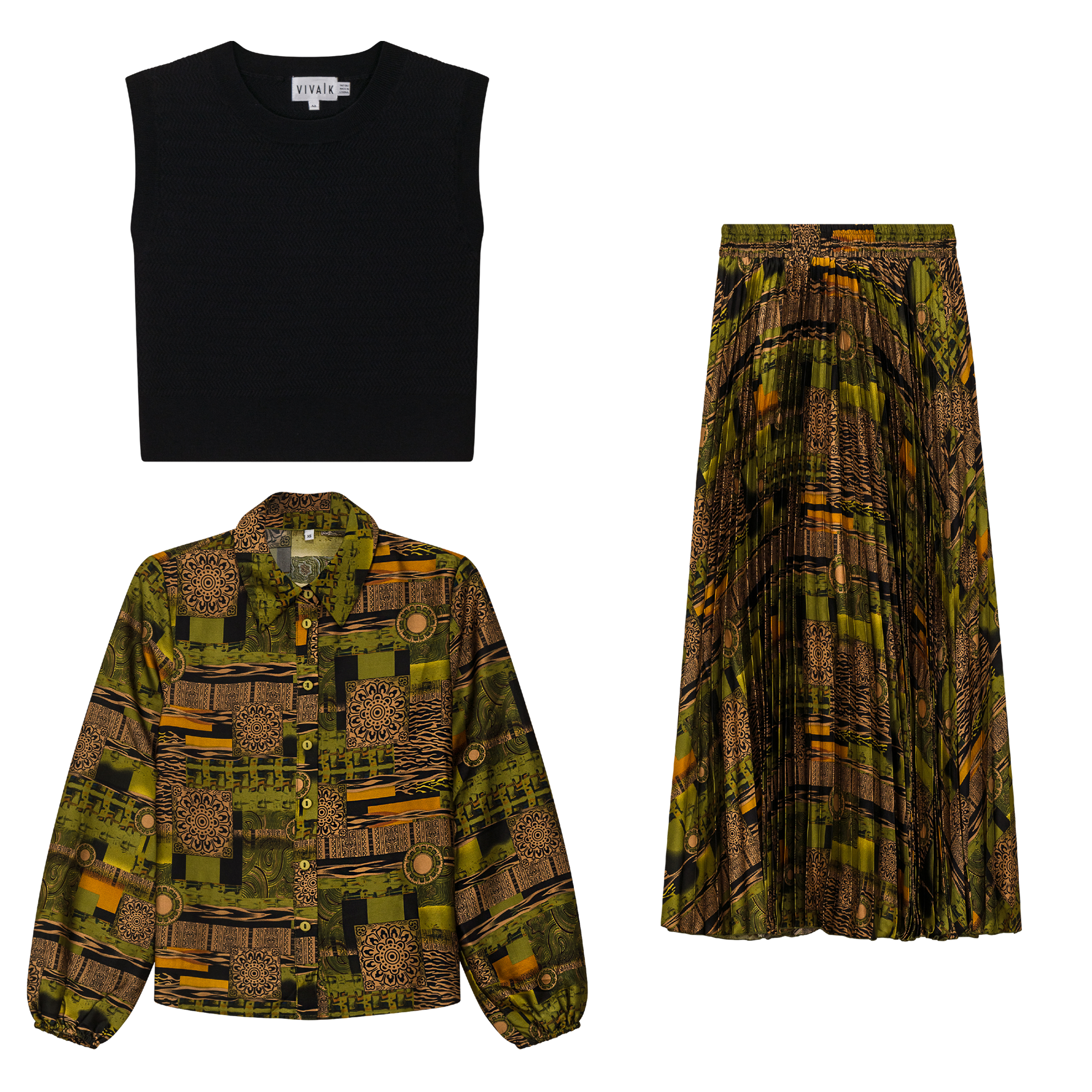 Printed Satin Midi Accordian Pleated Skirt Set With Cropped Knit Vest in Olive by Viva K