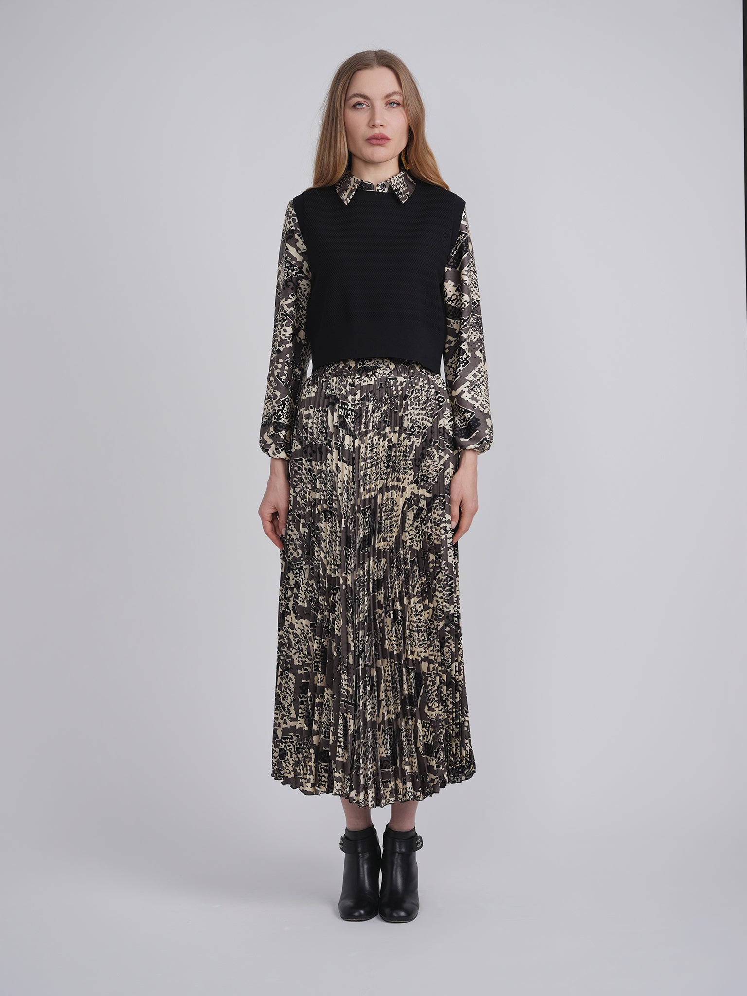 Printed Satin Midi Accordian Pleated Skirt Set With Cropped Knit Vest in by Viva K