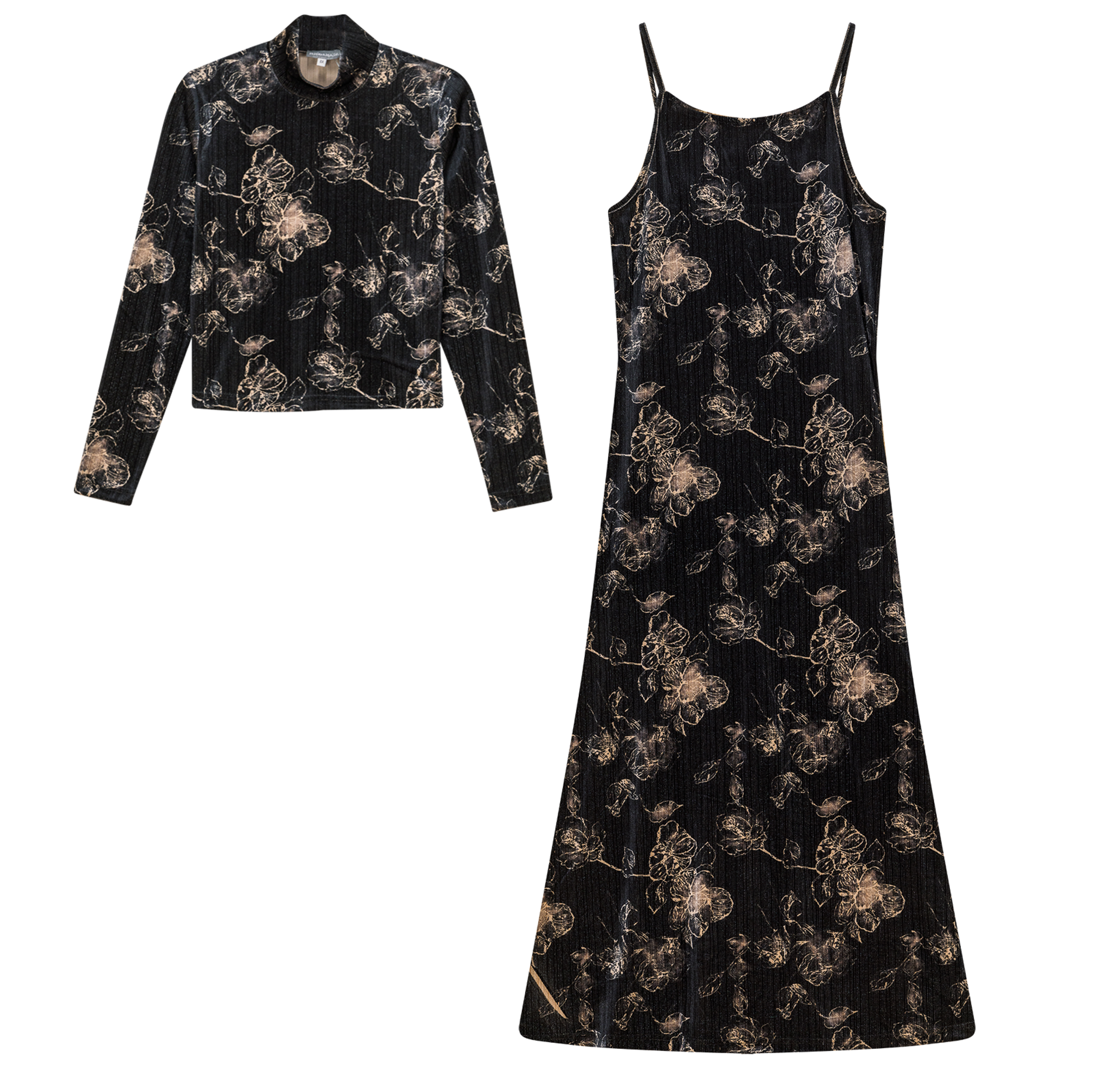 Printed Velour Maxi Jumper Set in Black Stone by Mademoiselle