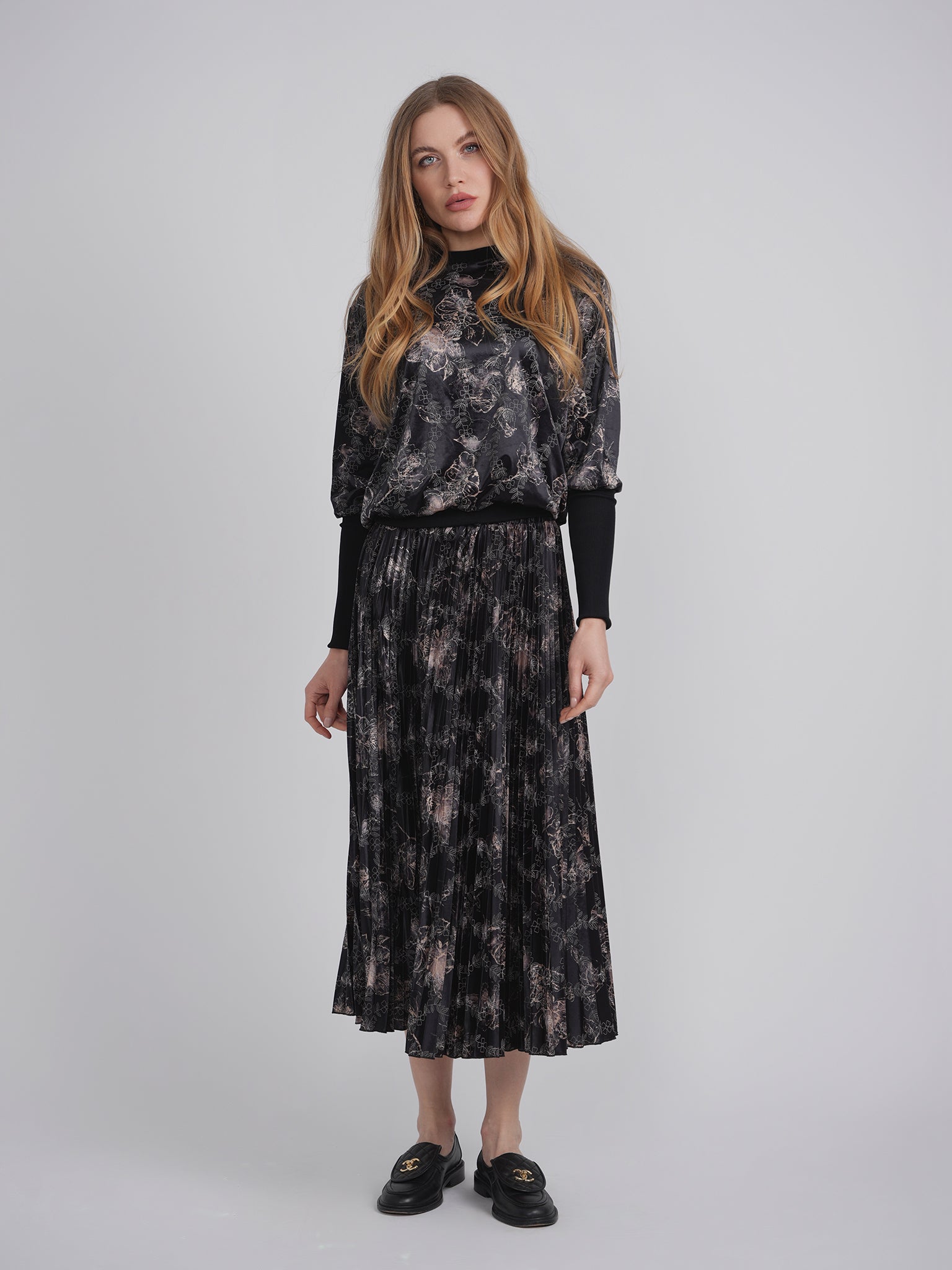 Flocked Velour Pleated Midi Skirt in by Viva K