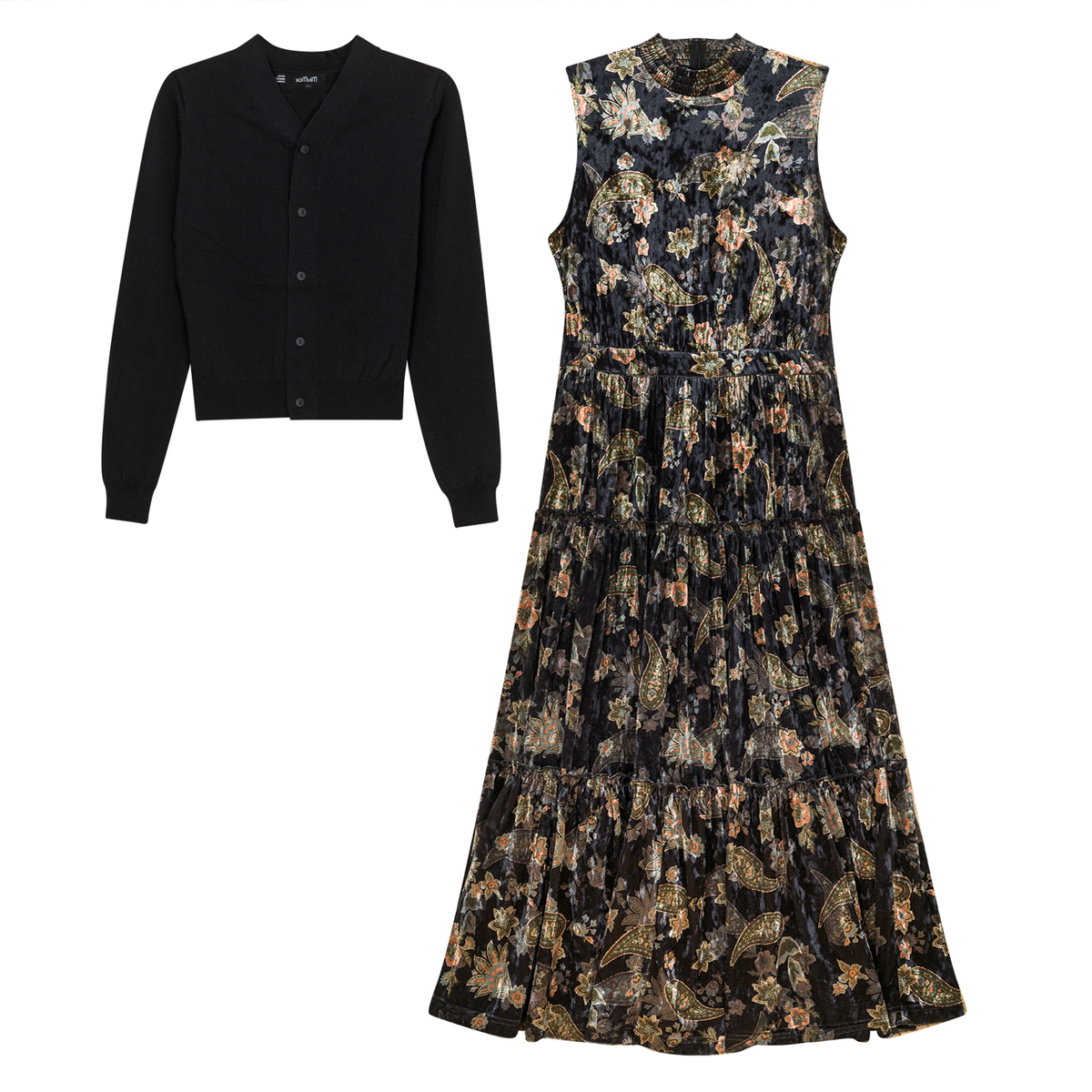 Printed Velour Midi Jumper With V Neck Sweater in Black by MiuMax