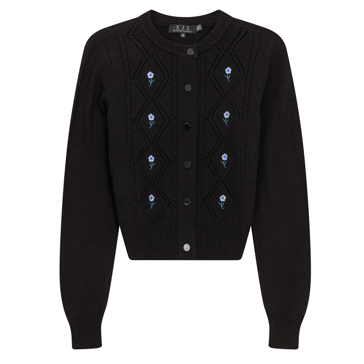 Crochet Knit Cardigan With Floral Embroidery in Black by Diciannove