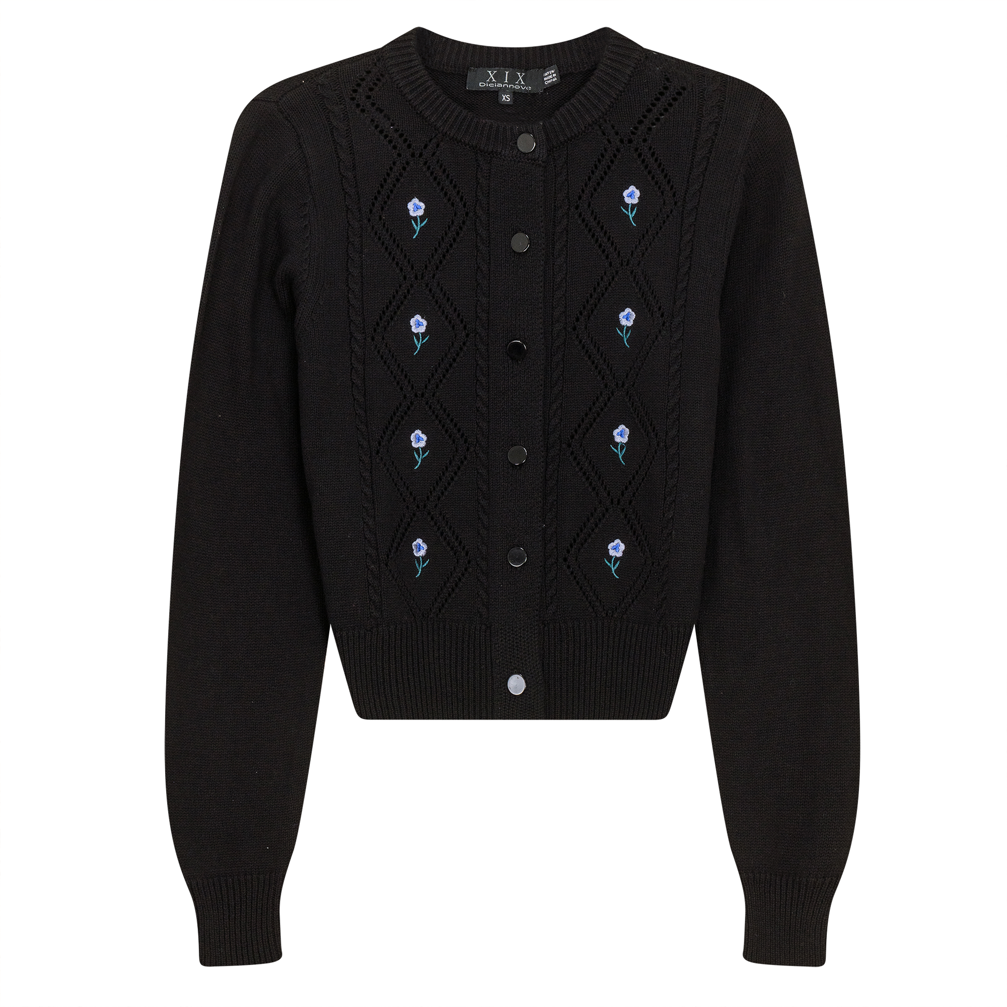 Crochet Knit Cardigan With Floral Embroidery in Black by Diciannove