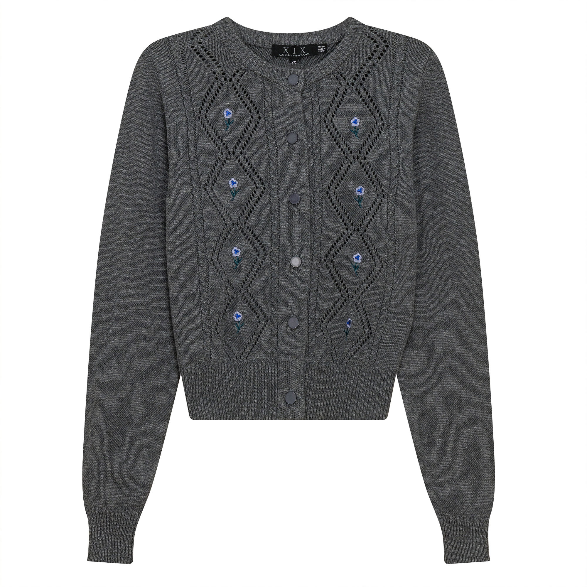 Crochet Knit Cardigan With Floral Embroidery in Dark Grey Mix by Diciannove