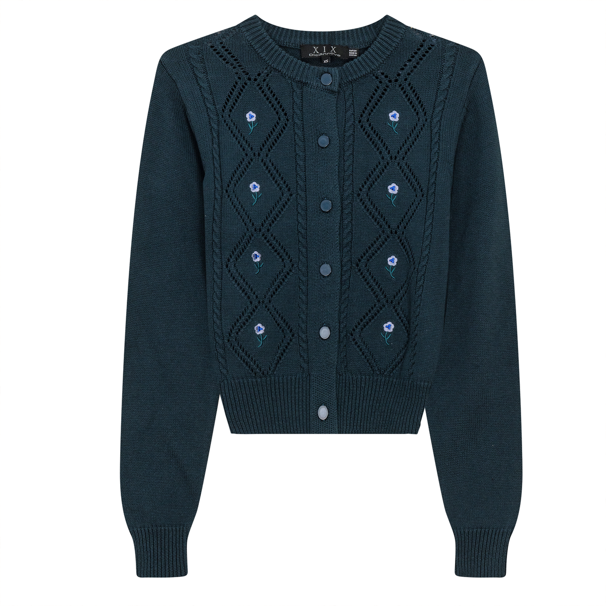 Crochet Knit Cardigan With Floral Embroidery in Deep Teal by Diciannove