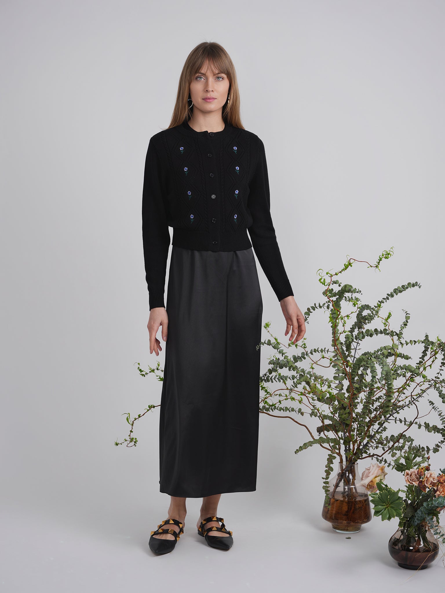 Crochet Knit Cardigan With Floral Embroidery in by Diciannove