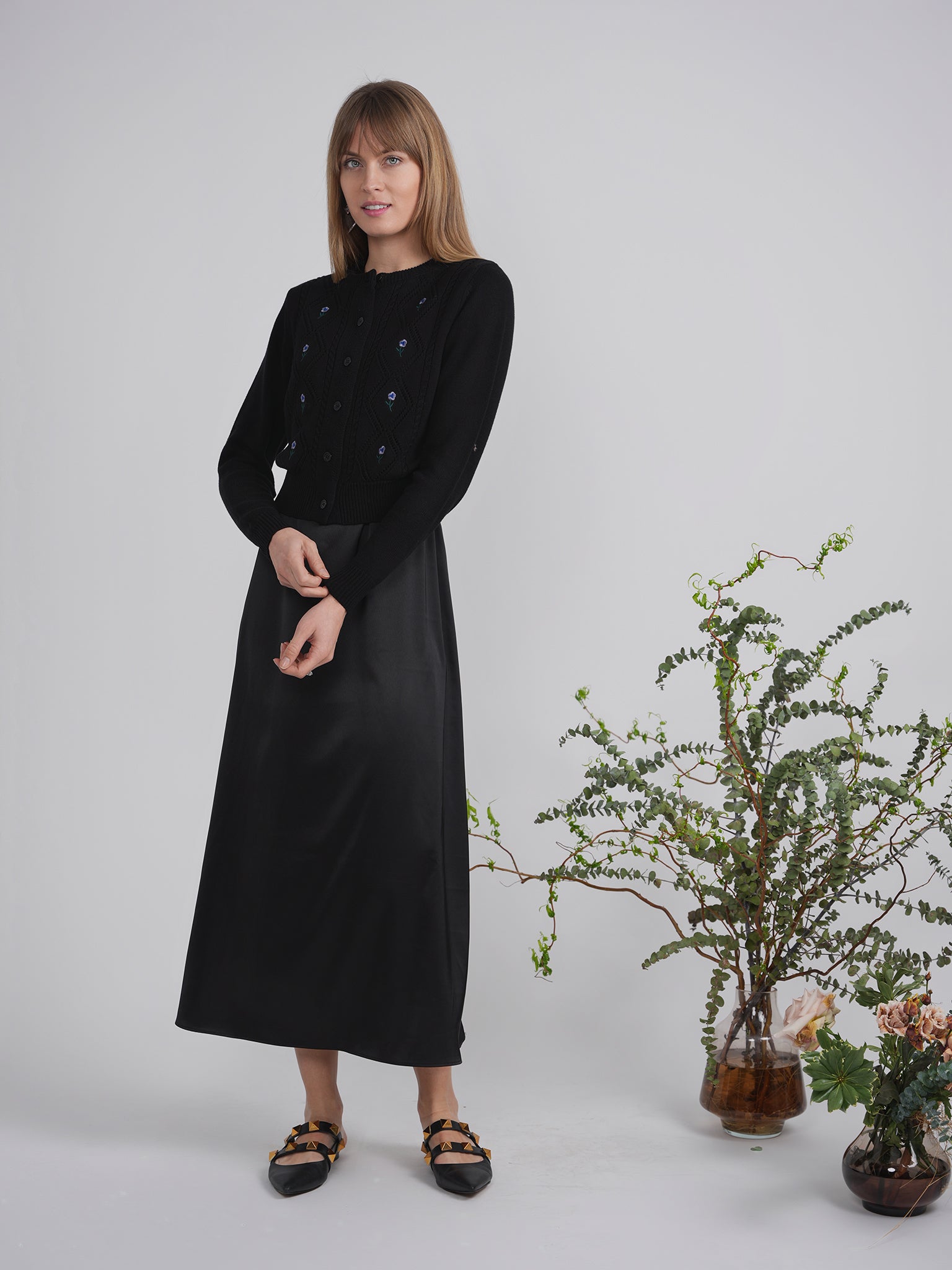 Crochet Knit Cardigan With Floral Embroidery in by Diciannove