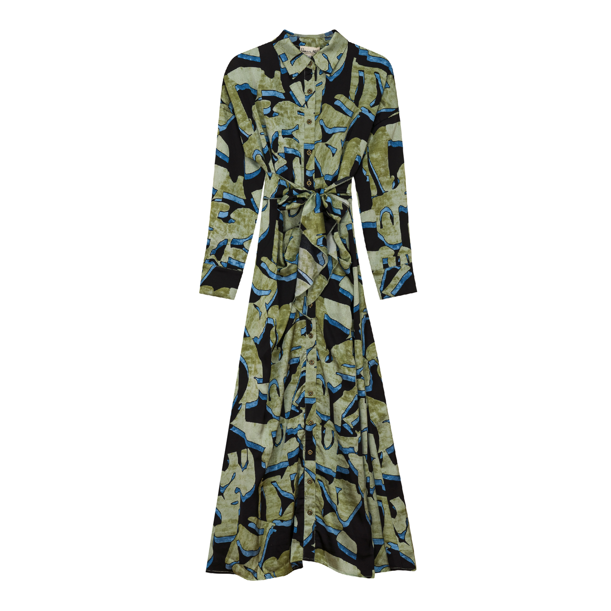 Printed Ruched Shirt Dress in Black Olive by Coco de la Mour