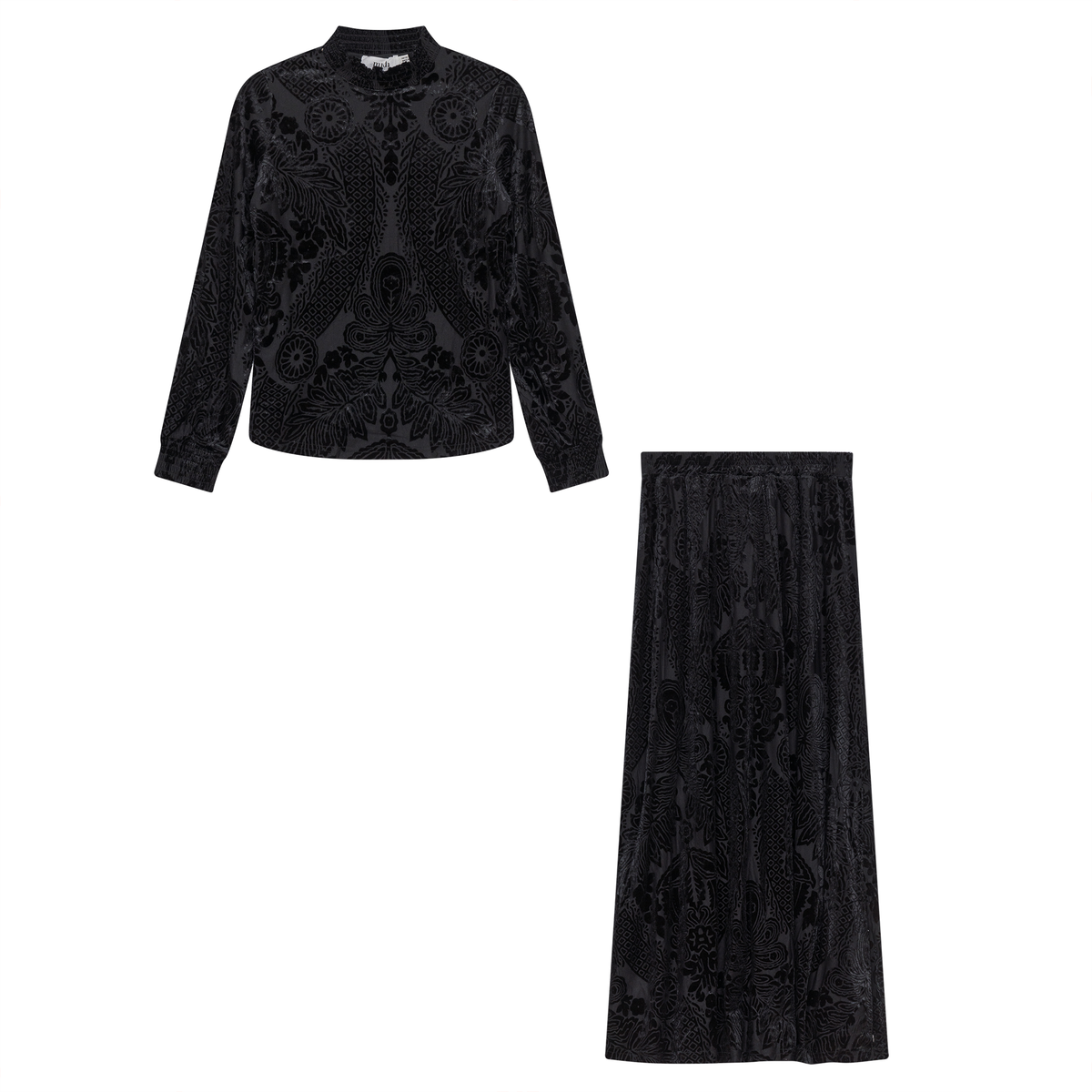 Burnout Velour A Line Skirt 2 PC Maxi Set in Black by Midi