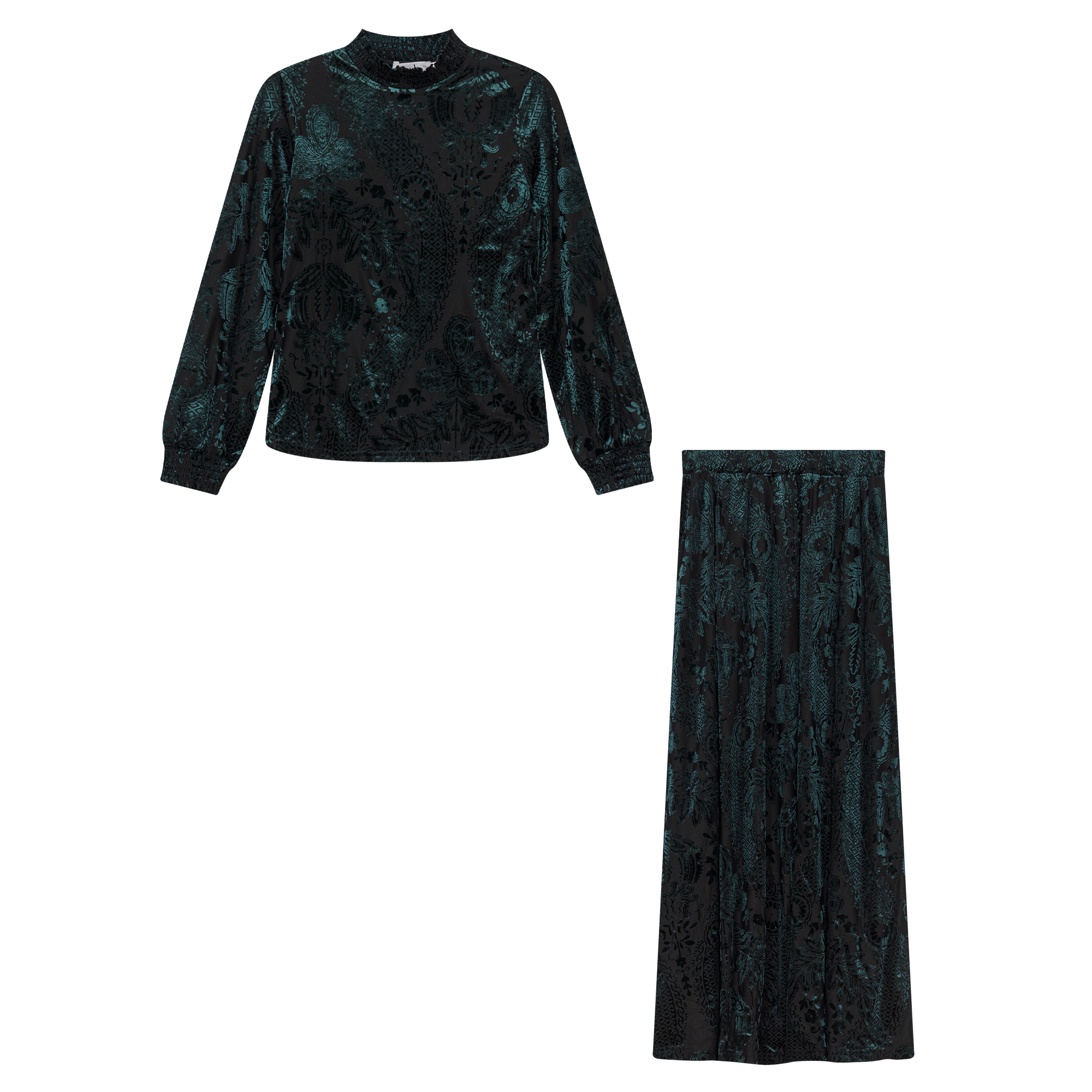 Burnout Velour A Line Skirt 2 PC Maxi Set in Hunter by Midi