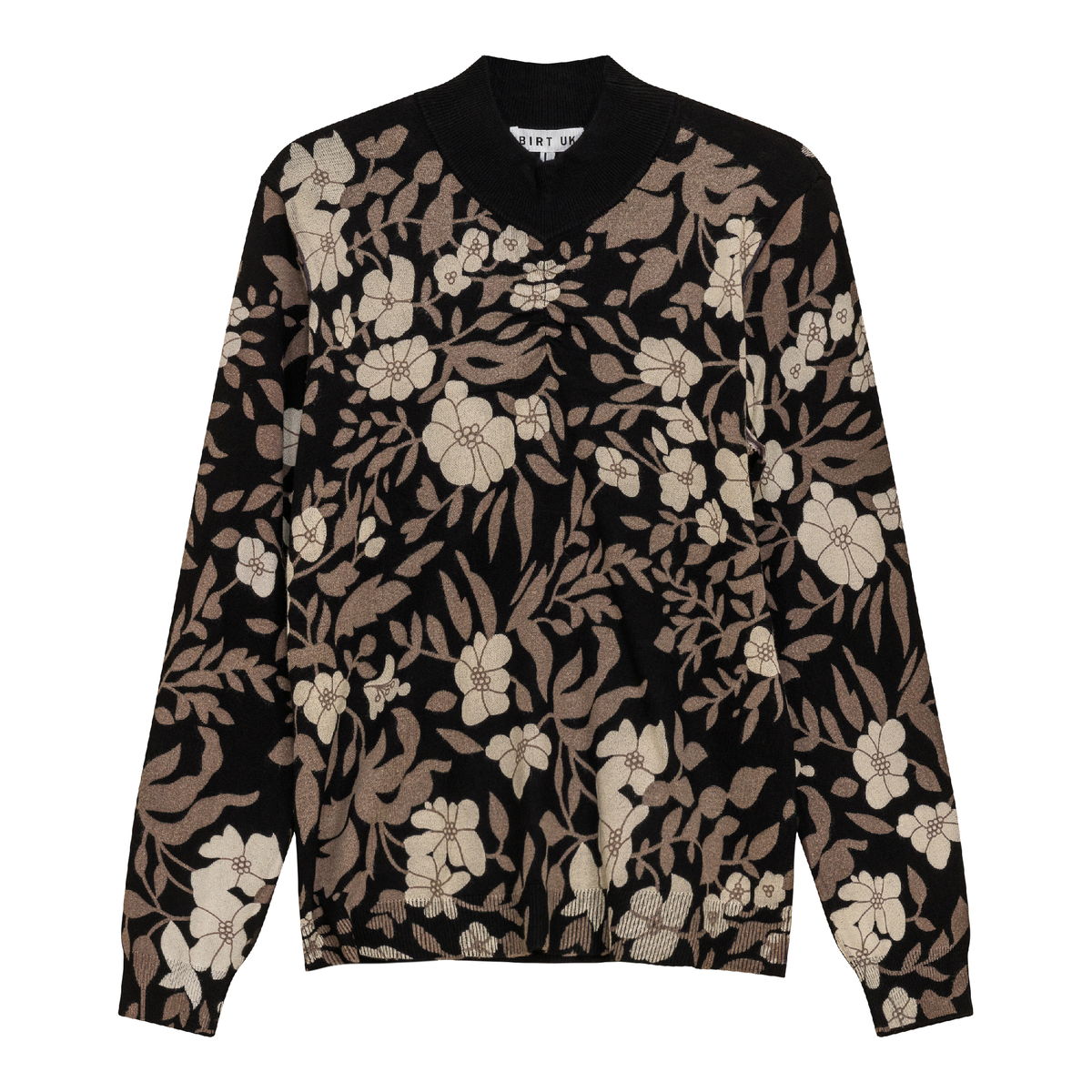 Printed Shirred Mock Neck Sweater in Black Taupe by Birt UK