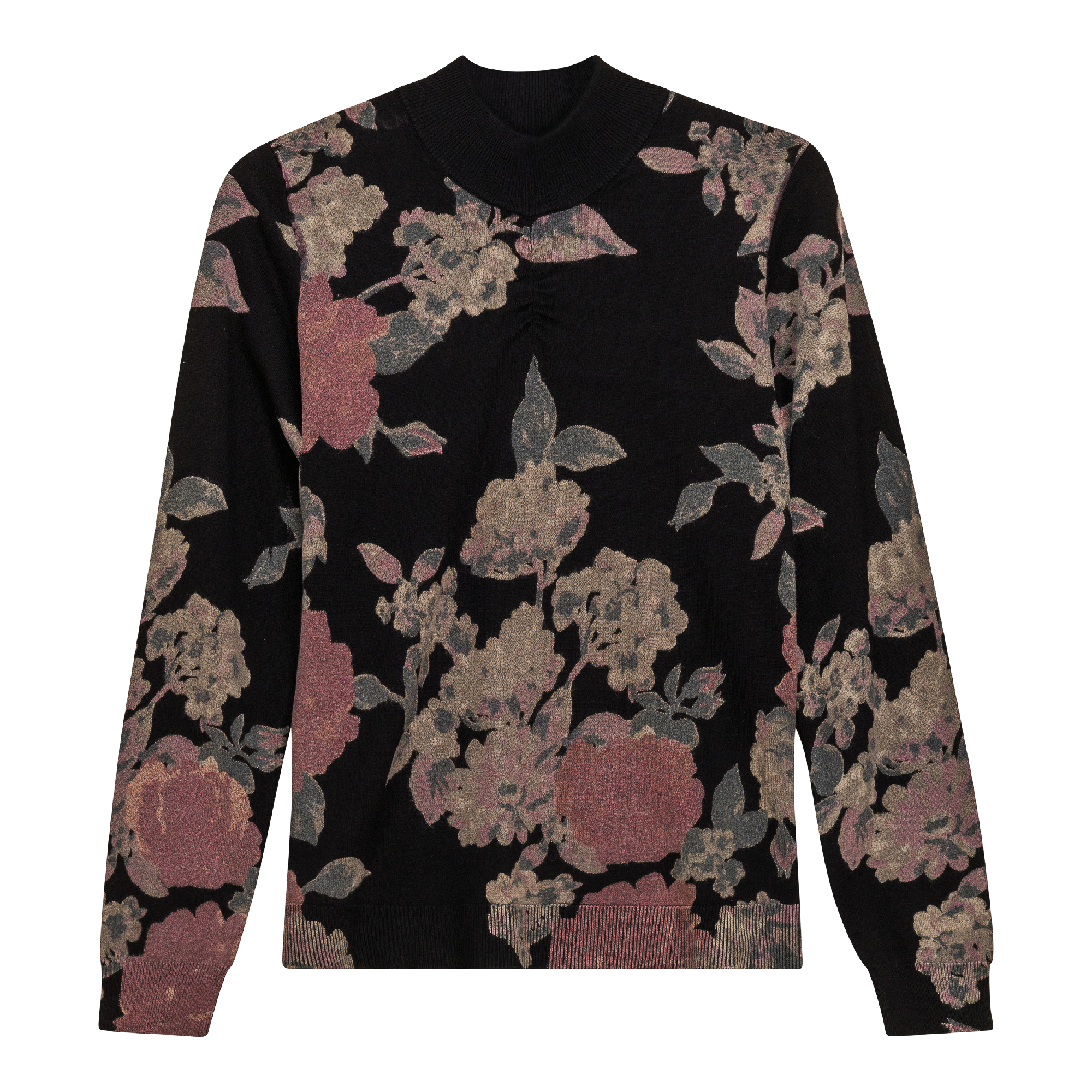 Printed Shirred Mock Neck Sweater in Black Wine by Birt UK