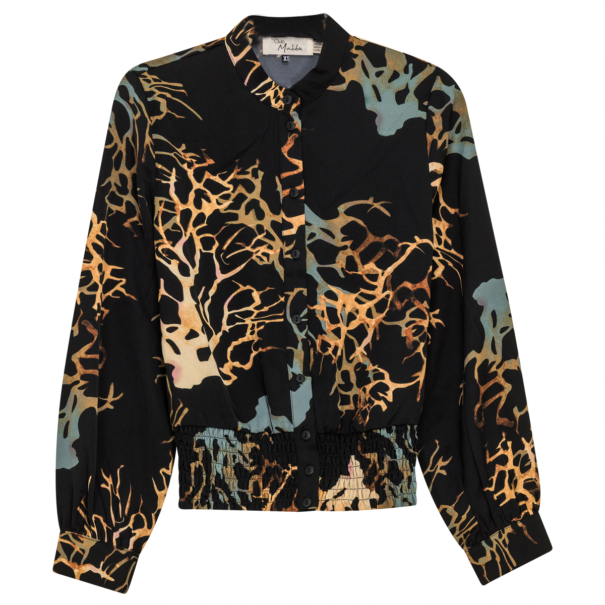 Printed Chiffon Ruched Blouse in Black Rust by Club Malibu