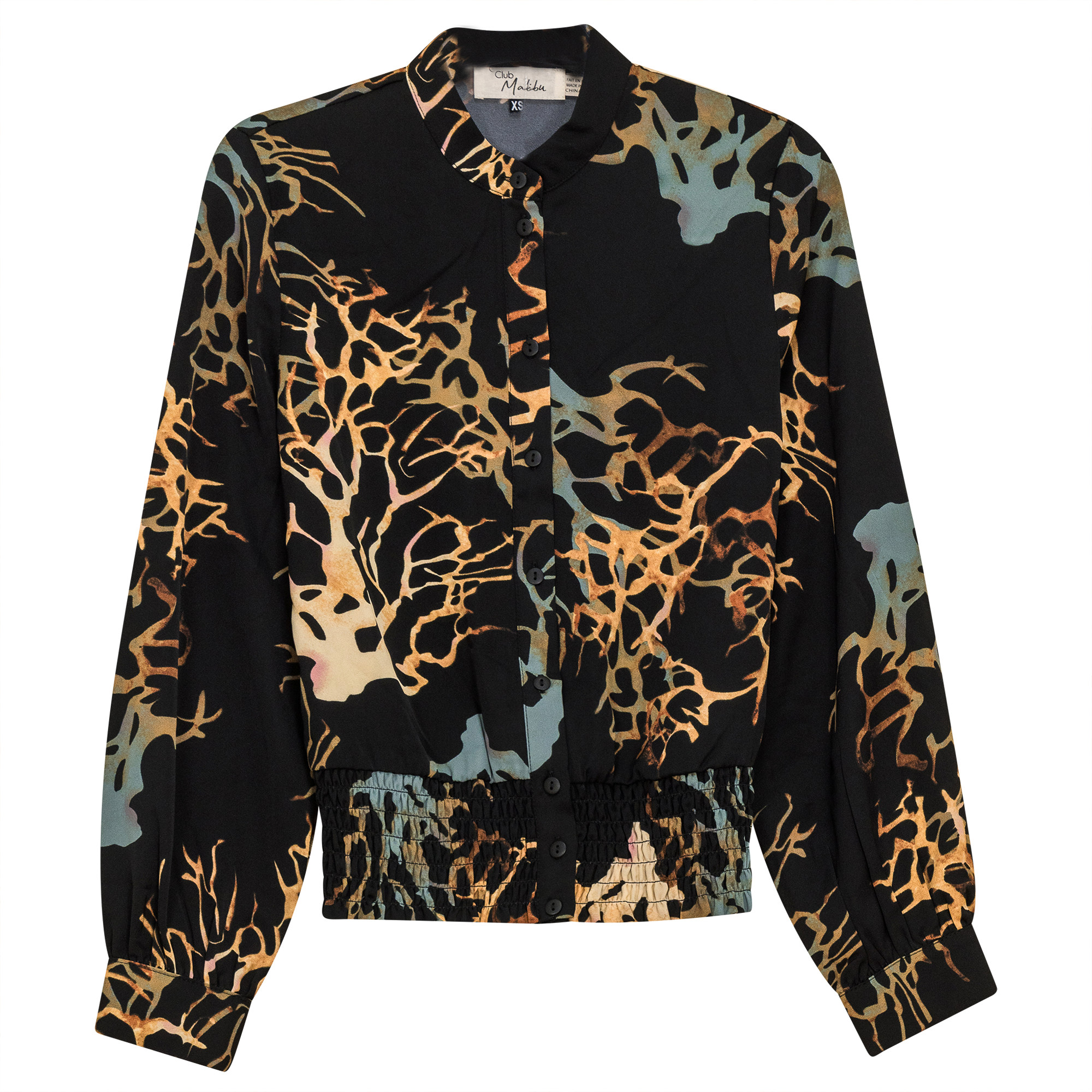 Printed Chiffon Ruched Blouse in Black Rust by Club Malibu