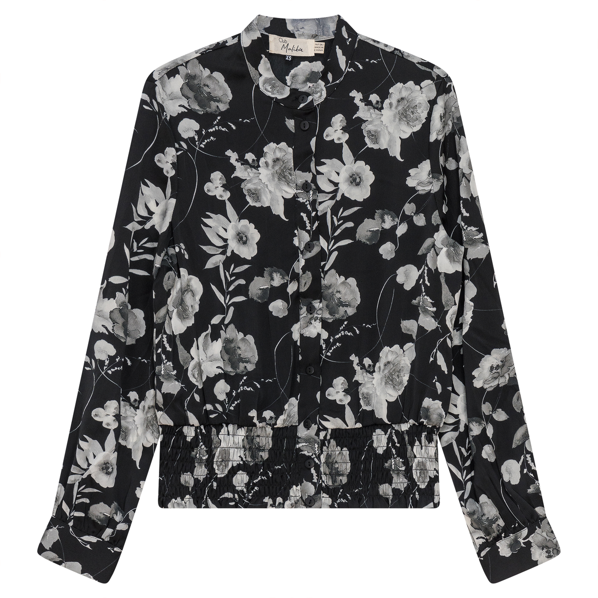 Printed satin Ruched Blouse in Black Grey by Club Malibu