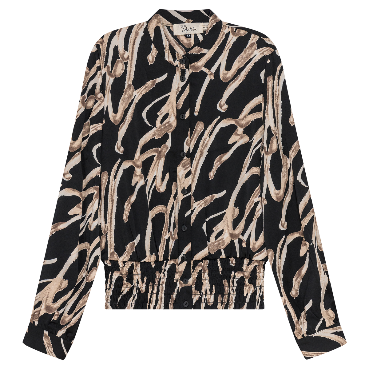 Printed satin Ruched Blouse in Black Taupe by Club Malibu