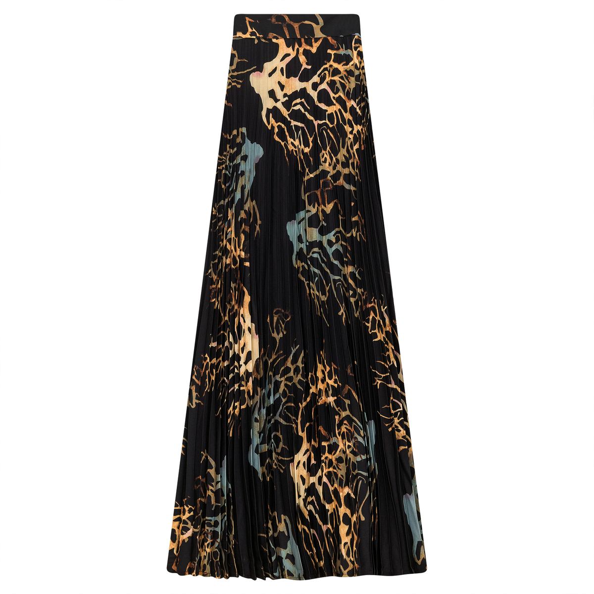 Printed Chiffon Accordian Pleated Midi Skirt in Black Rust by Club Malibu
