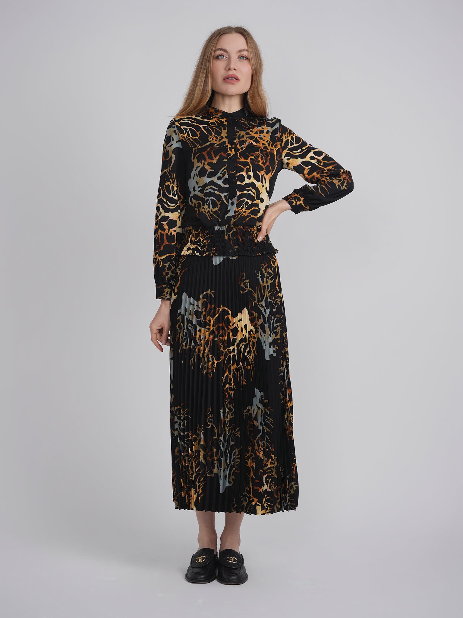 Printed Chiffon Accordian Pleated Midi Skirt in by Club Malibu