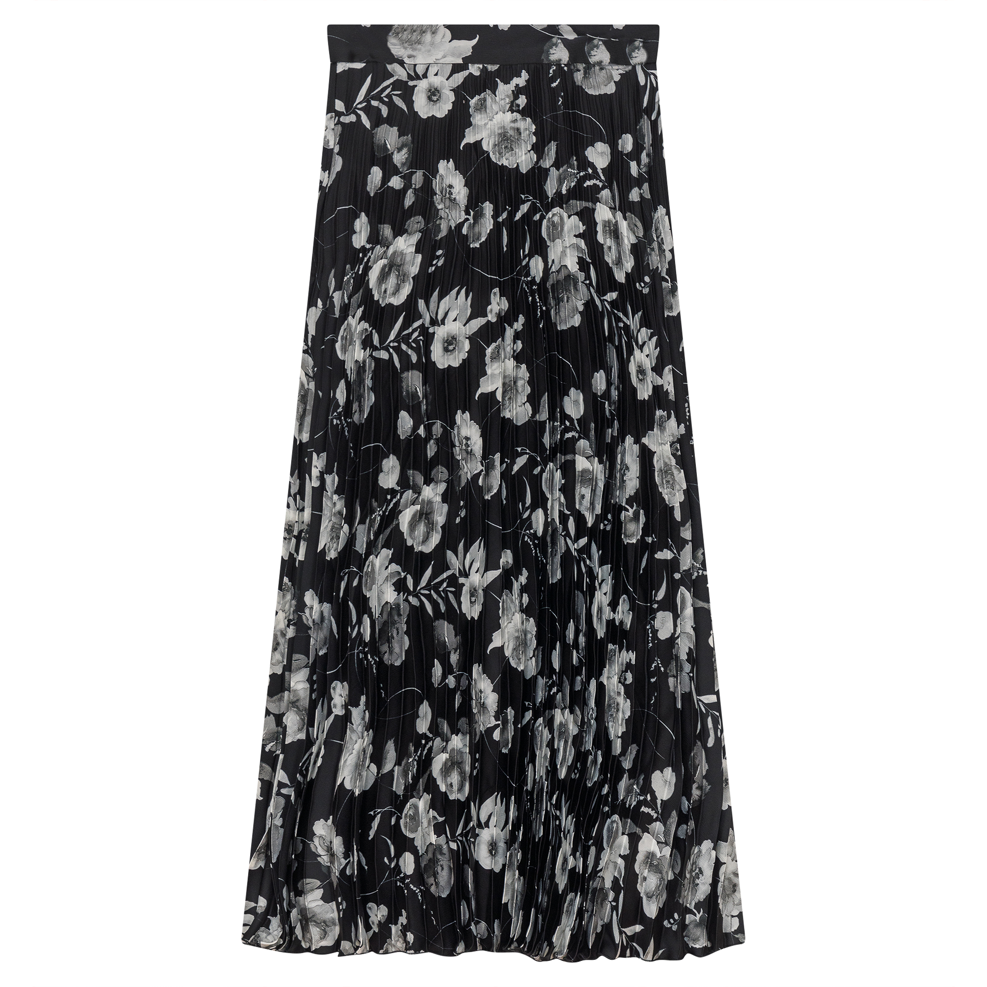 Printed Satin Accordian Pleated Midi Skirt in Black Grey by Club Malibu