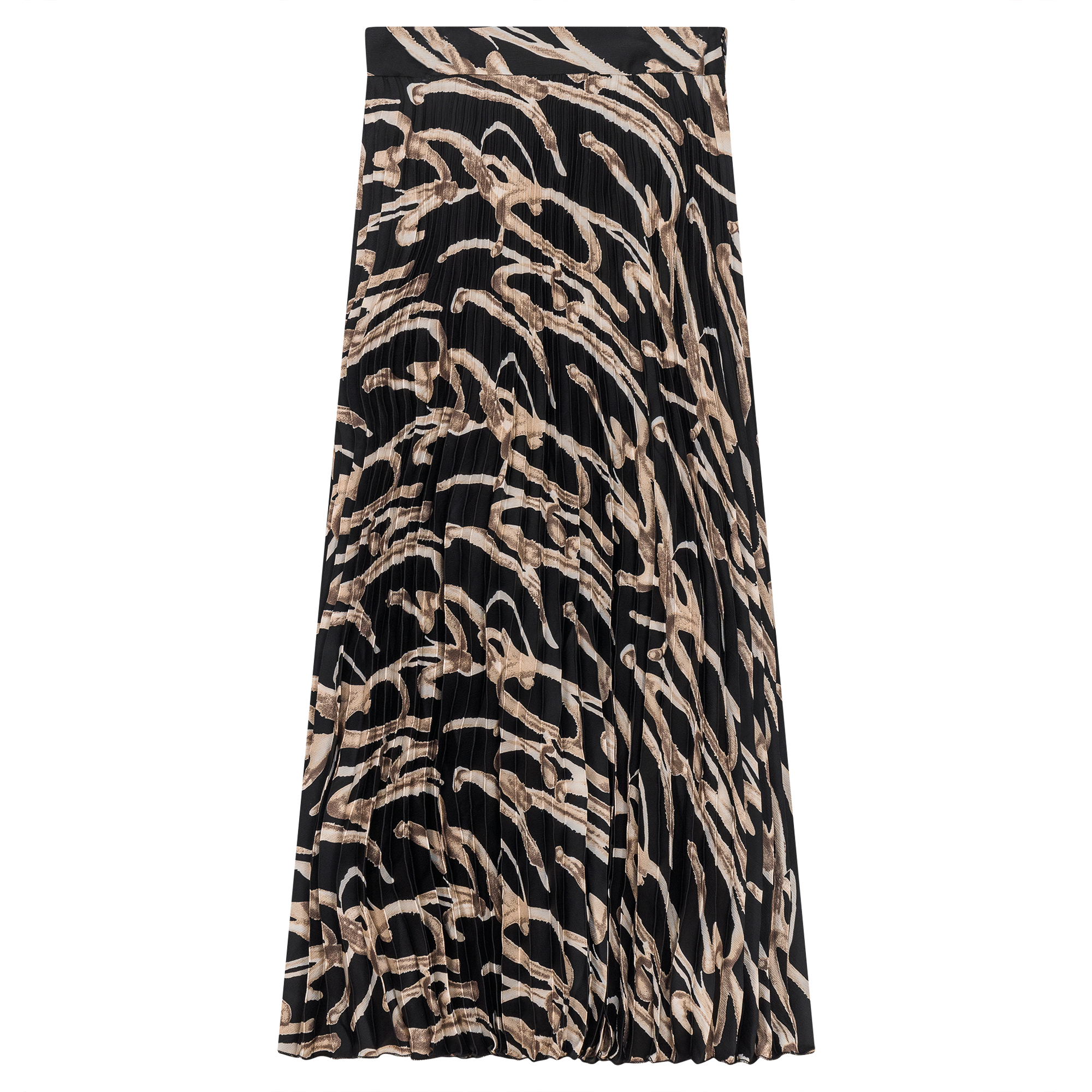 Printed Satin Accordian Pleated Midi Skirt in Black Taupe by Club Malibu