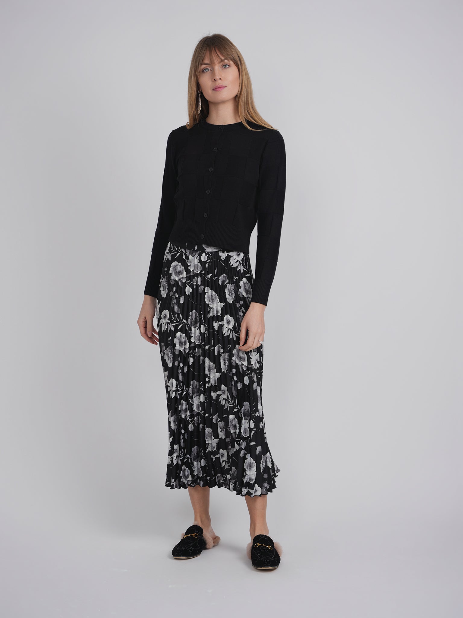 Printed Satin Accordian Pleated Midi Skirt in by Club Malibu