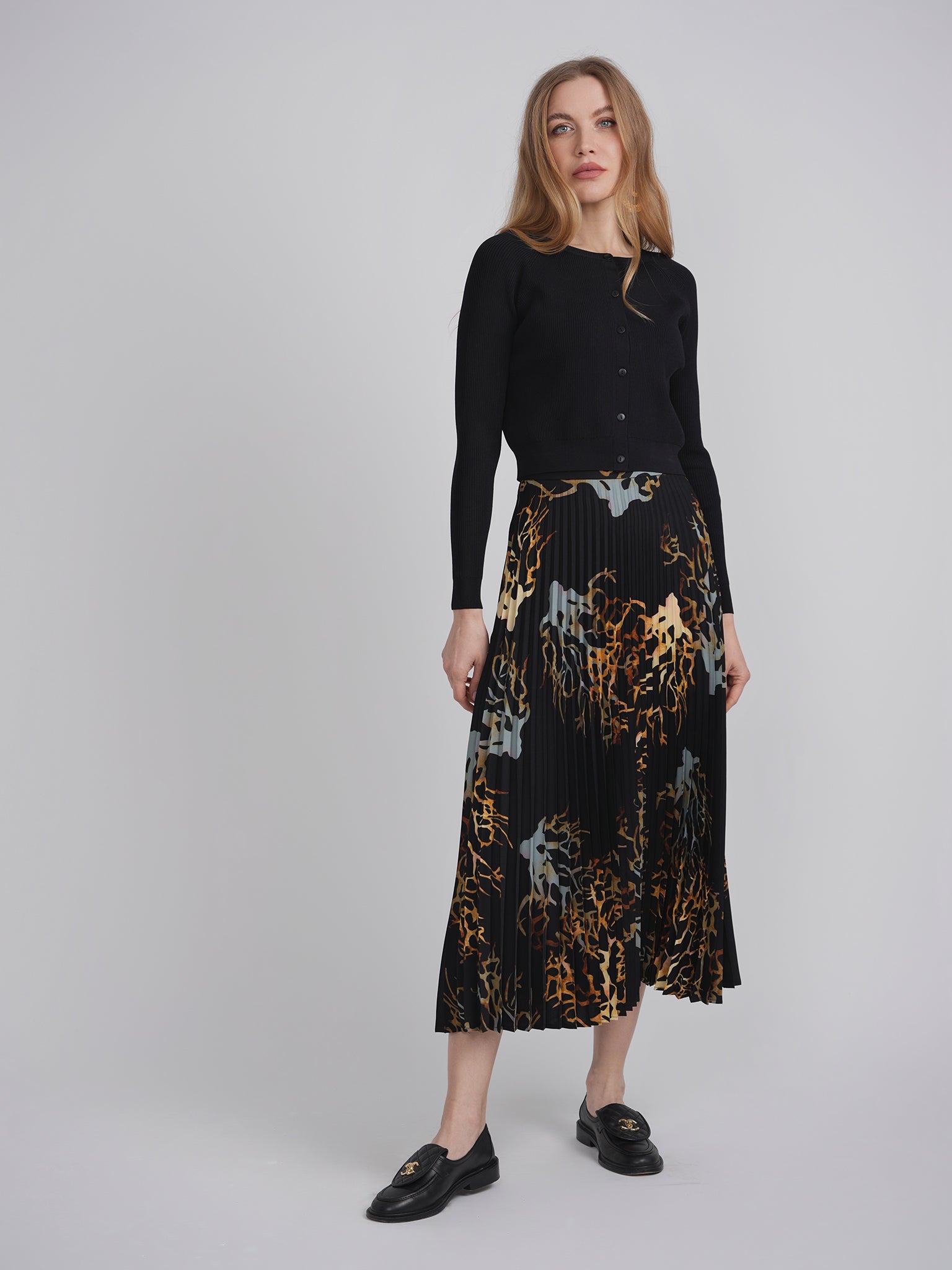 Printed Chiffon Accordian Pleated Midi Skirt in by Club Malibu