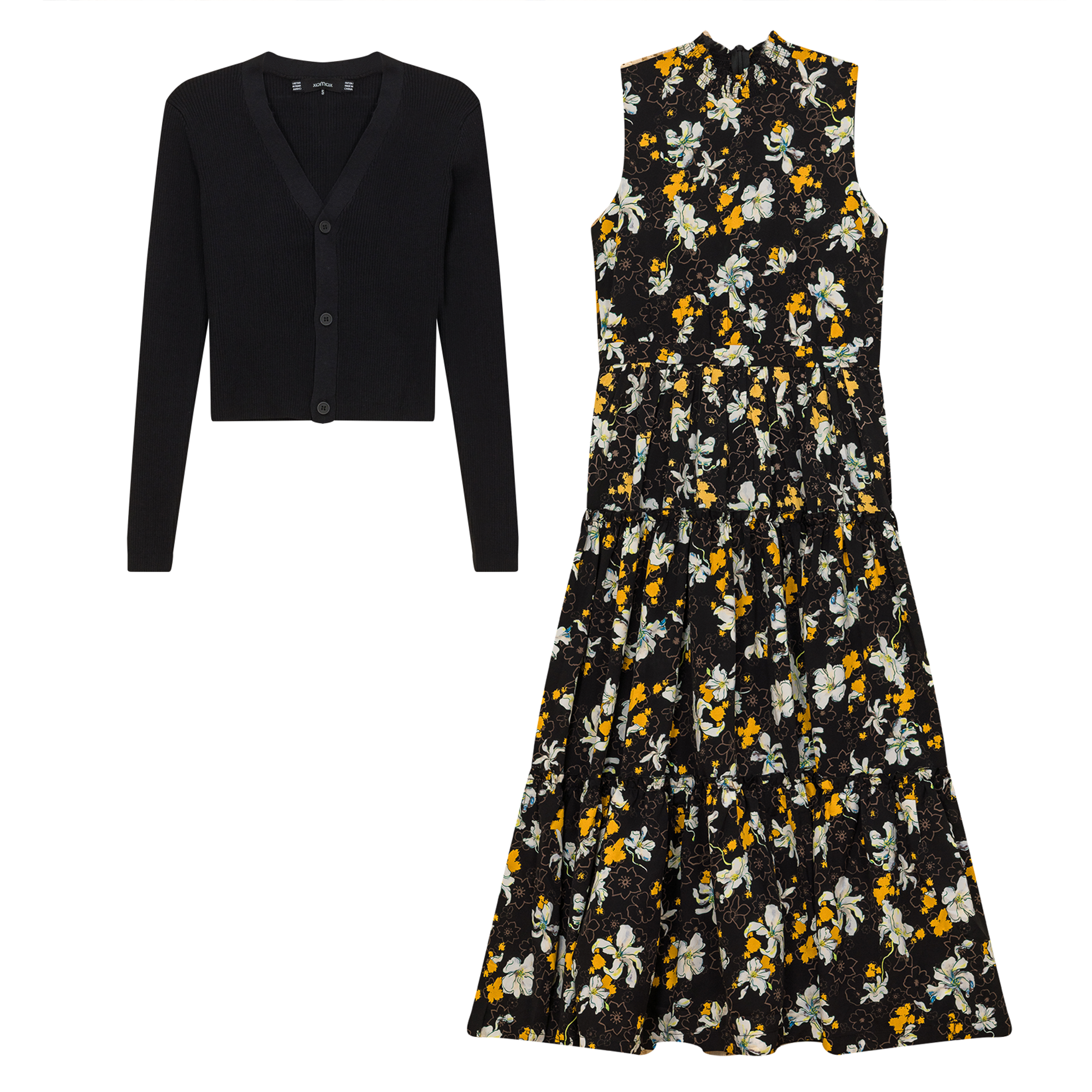 Printed Satin Jumper With Knit Top in Black Mustard by MiuMax