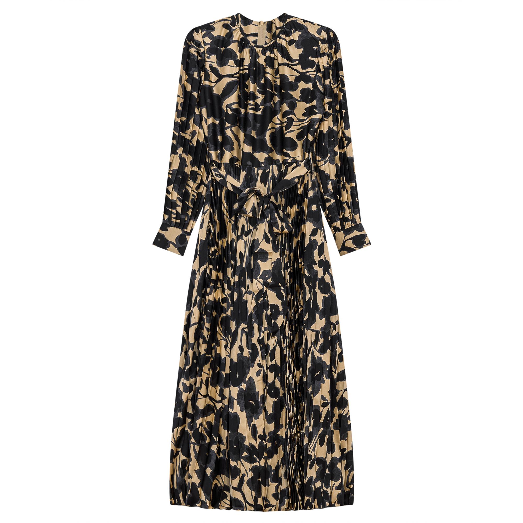 Satin Mosaic Pleated Midi Dress in Black Bronze by Club Malibu