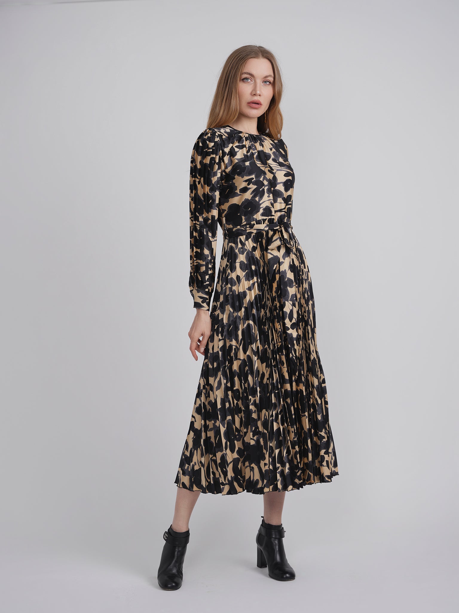 Satin Mosaic Pleated Midi Dress in by Club Malibu