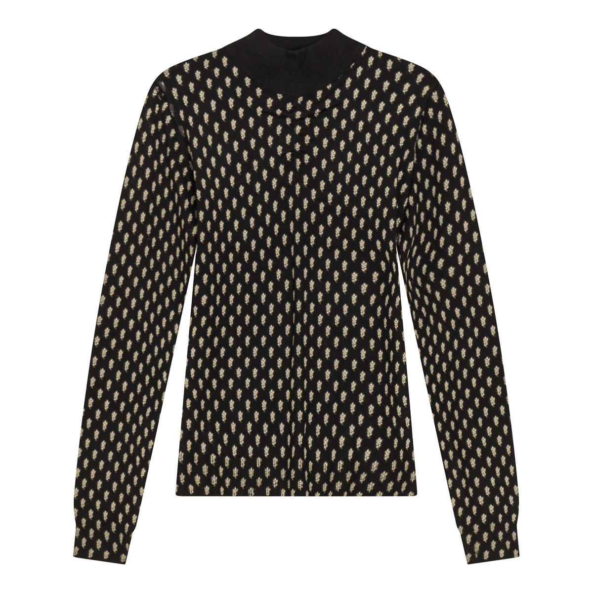 Printed Shirred Mock Neck Sweater in Black by NYC Factory