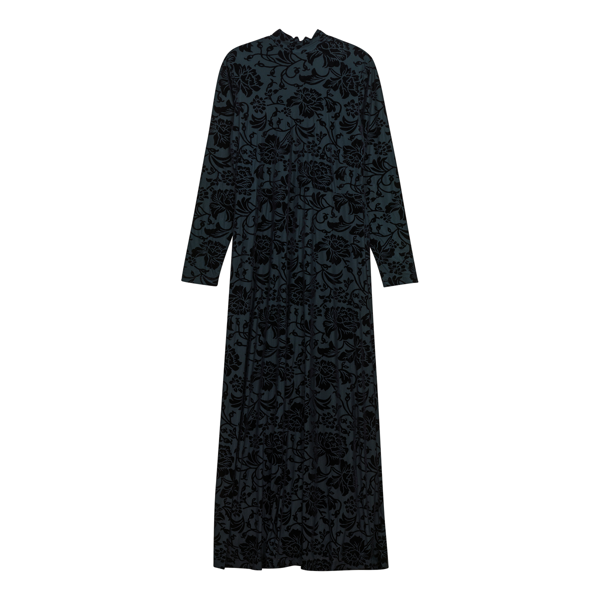Mock Neck Flocked Chiffon Maxi Dress in Hunter by Marjun