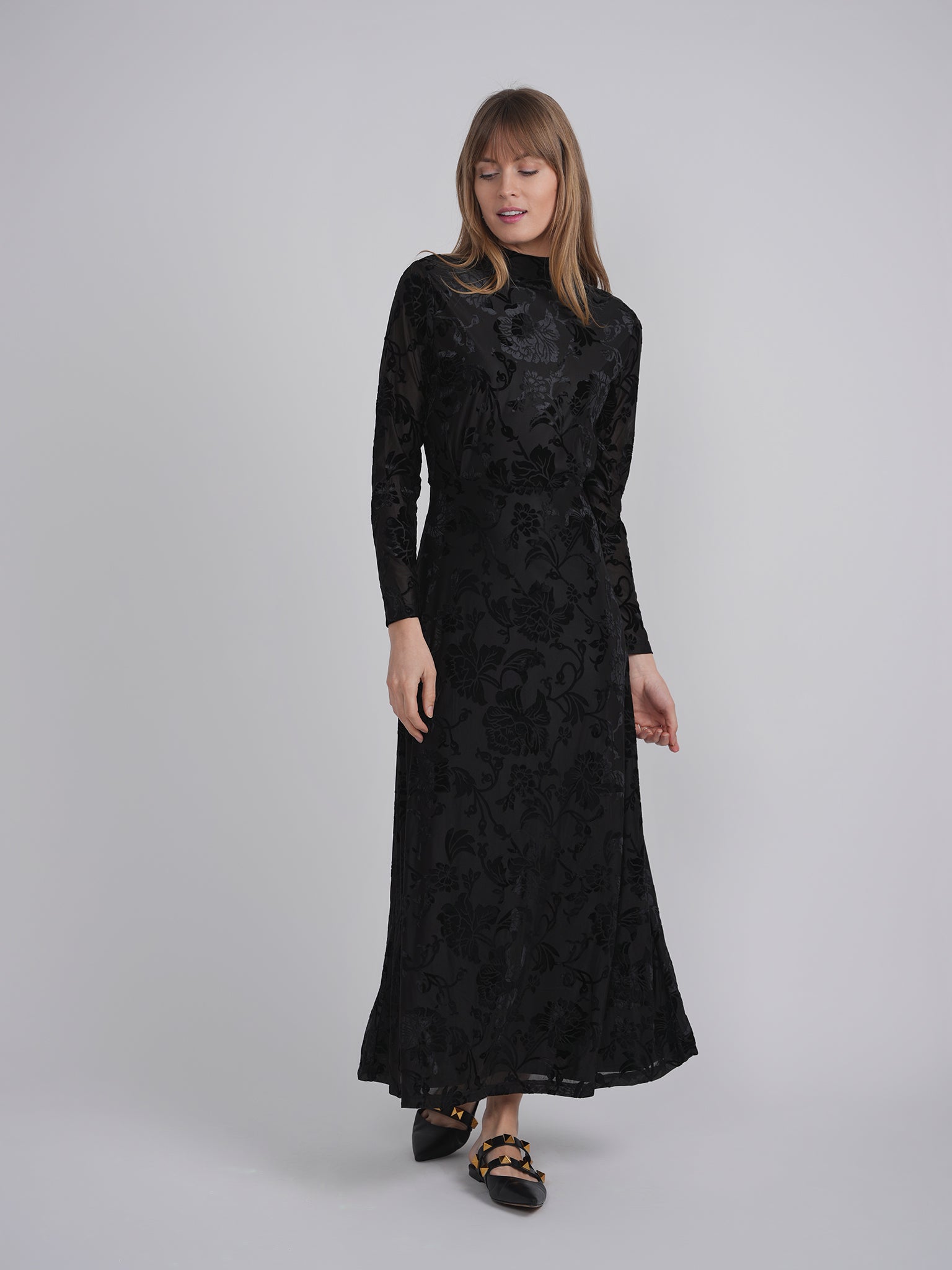 Mock Neck Flocked Chiffon Maxi Dress in by Marjun