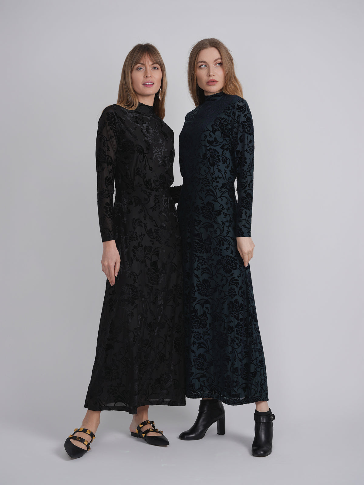 Mock Neck Flocked Chiffon Maxi Dress in by Marjun