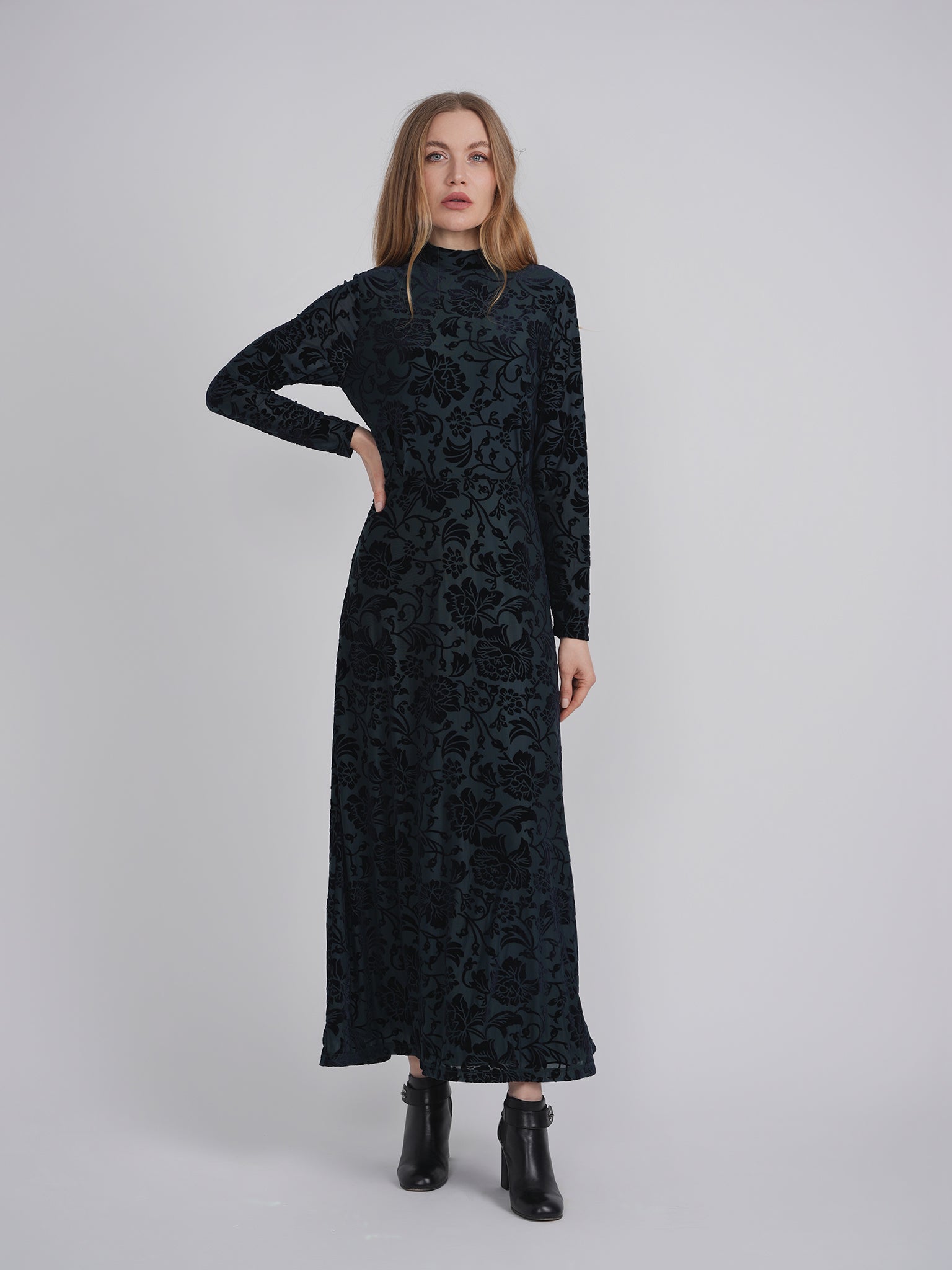 Mock Neck Flocked Chiffon Maxi Dress in by Marjun