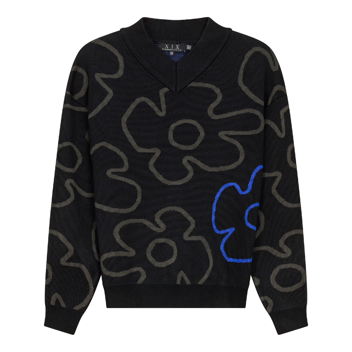 V Neck Floral Knit Sweater in Black by Diciannove